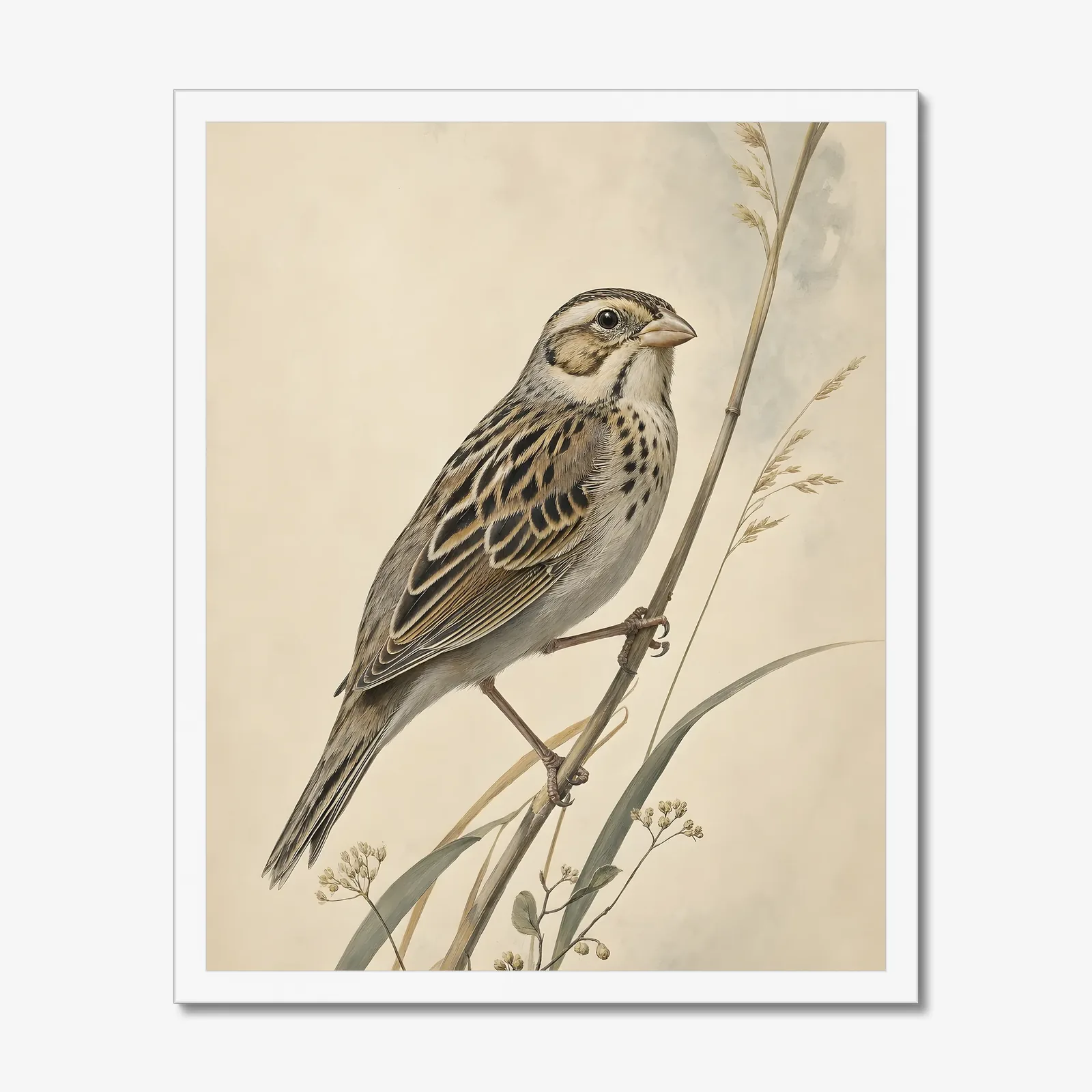 Grasshopper Sparrow Print in a white frame
