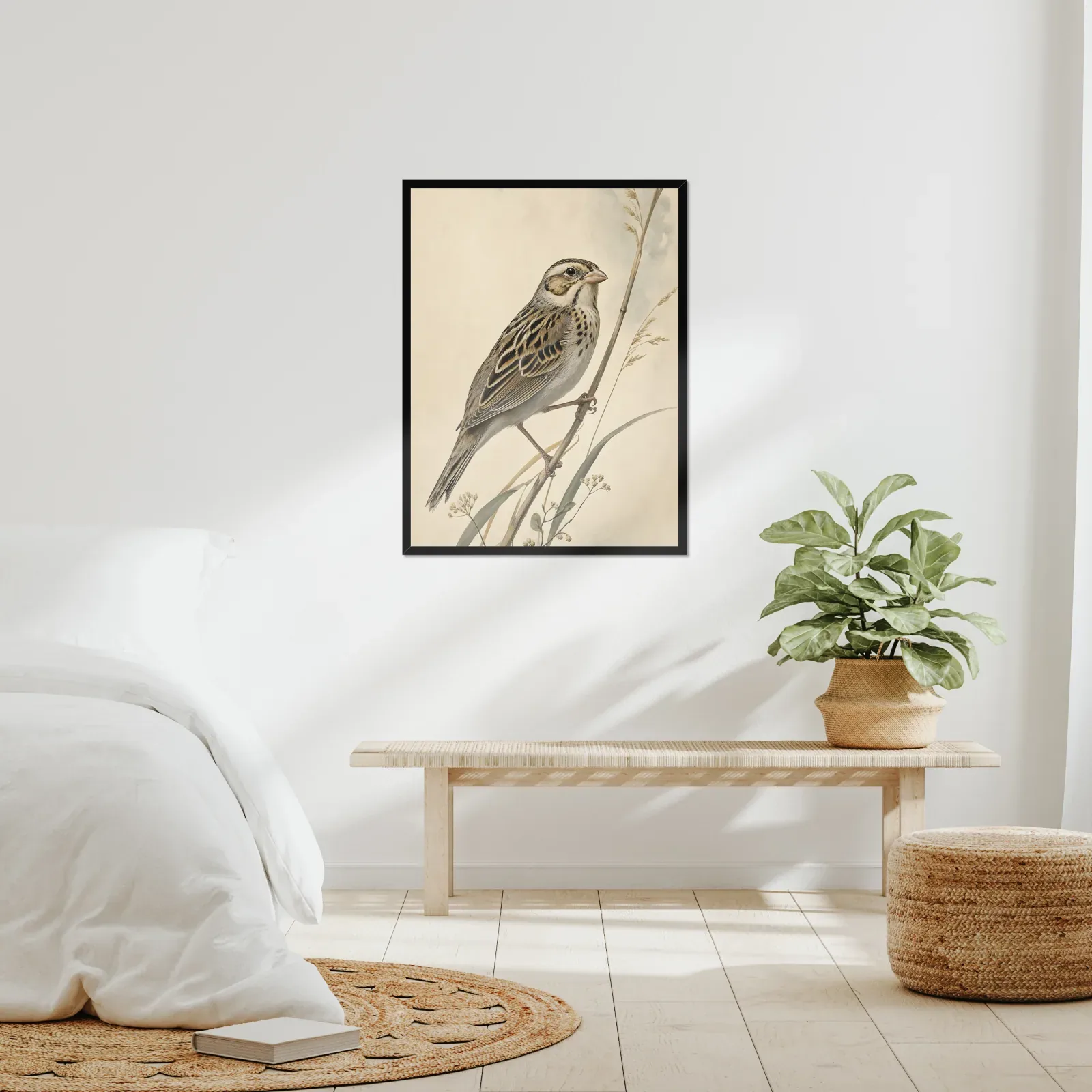 Grasshopper Sparrow Print framed at 24x30 inches, shown on a wall to scale