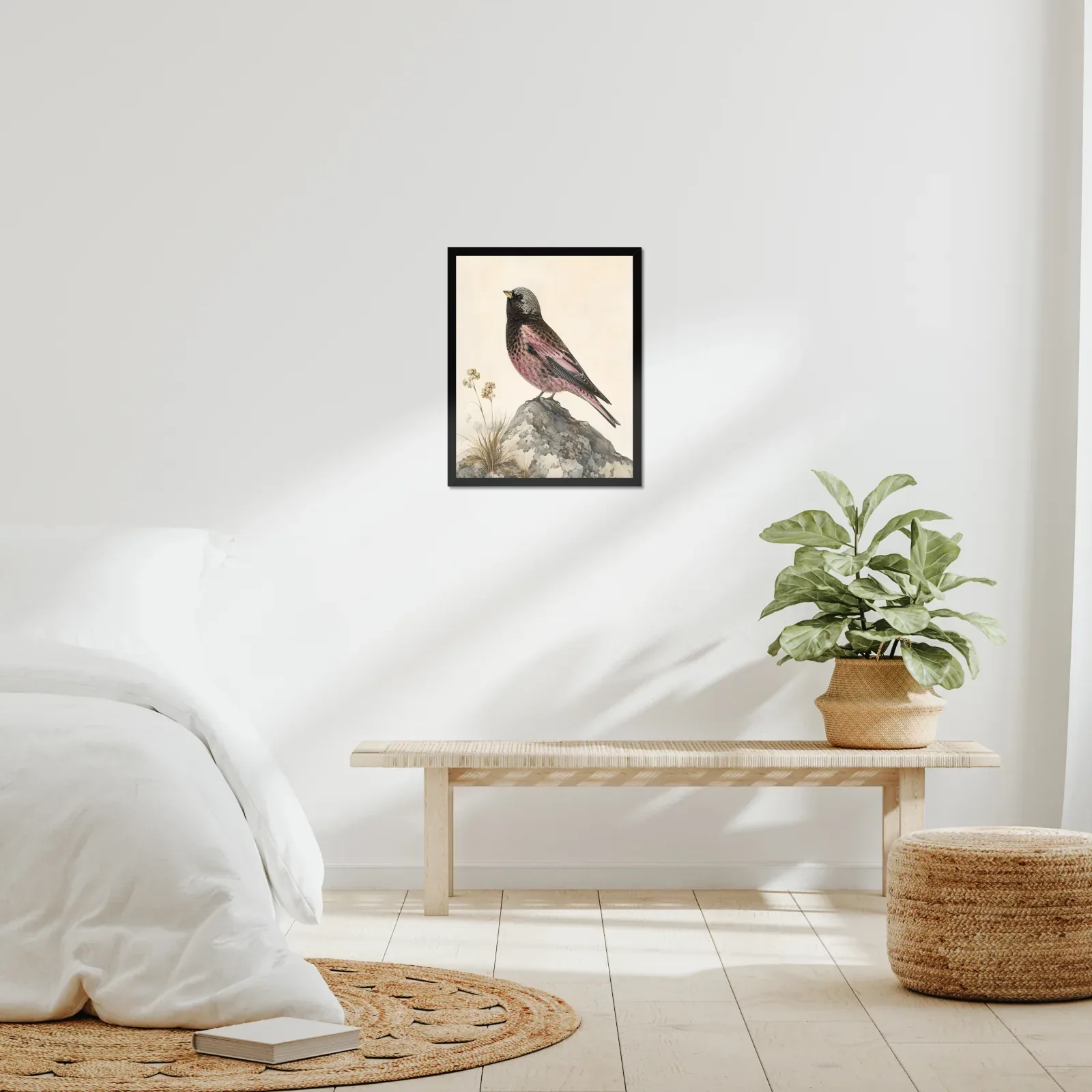 Gray Crowned Rosy Finch Print framed at 16x20 inches, shown on a wall to scale
