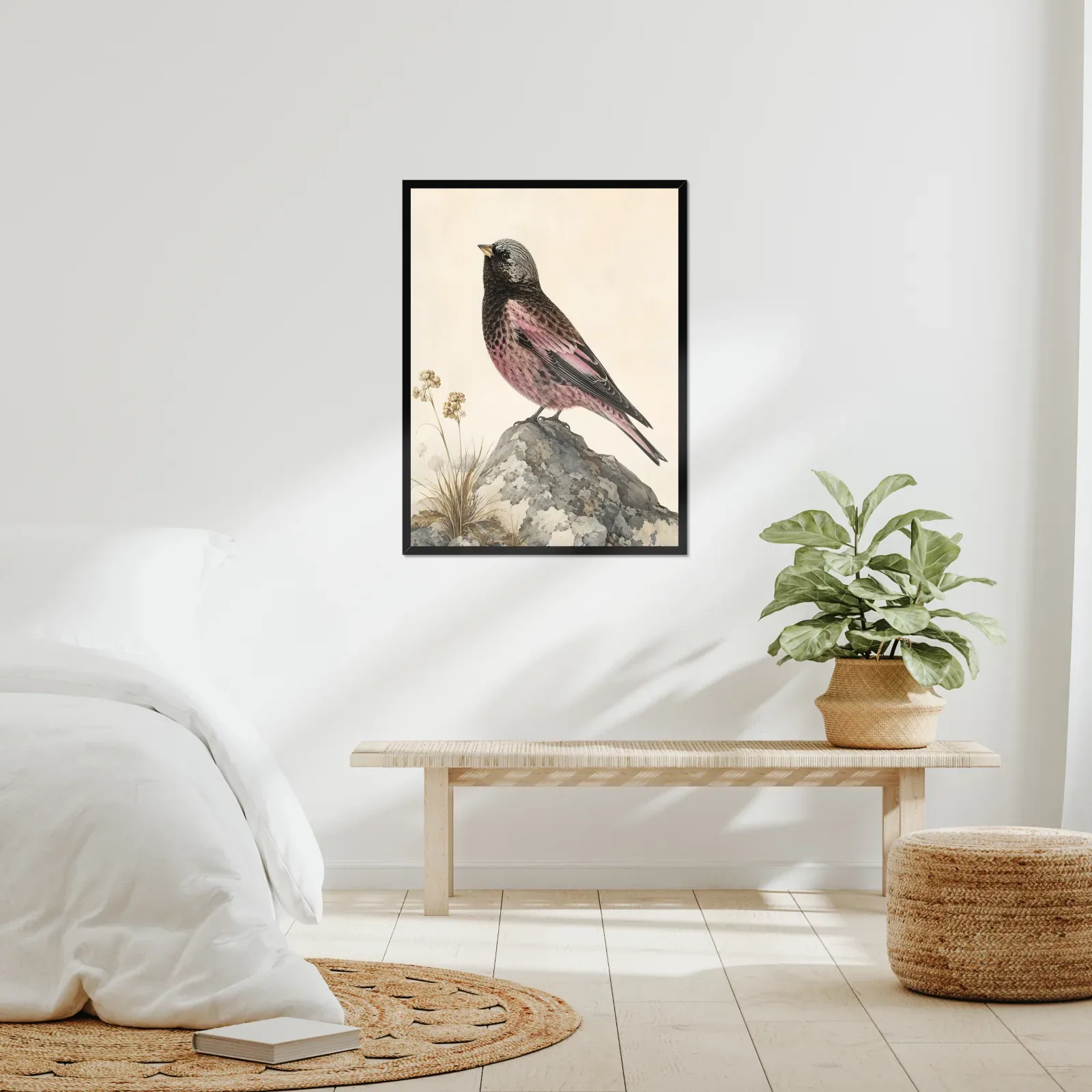 Gray Crowned Rosy Finch Print framed at 24x30 inches, shown on a wall to scale