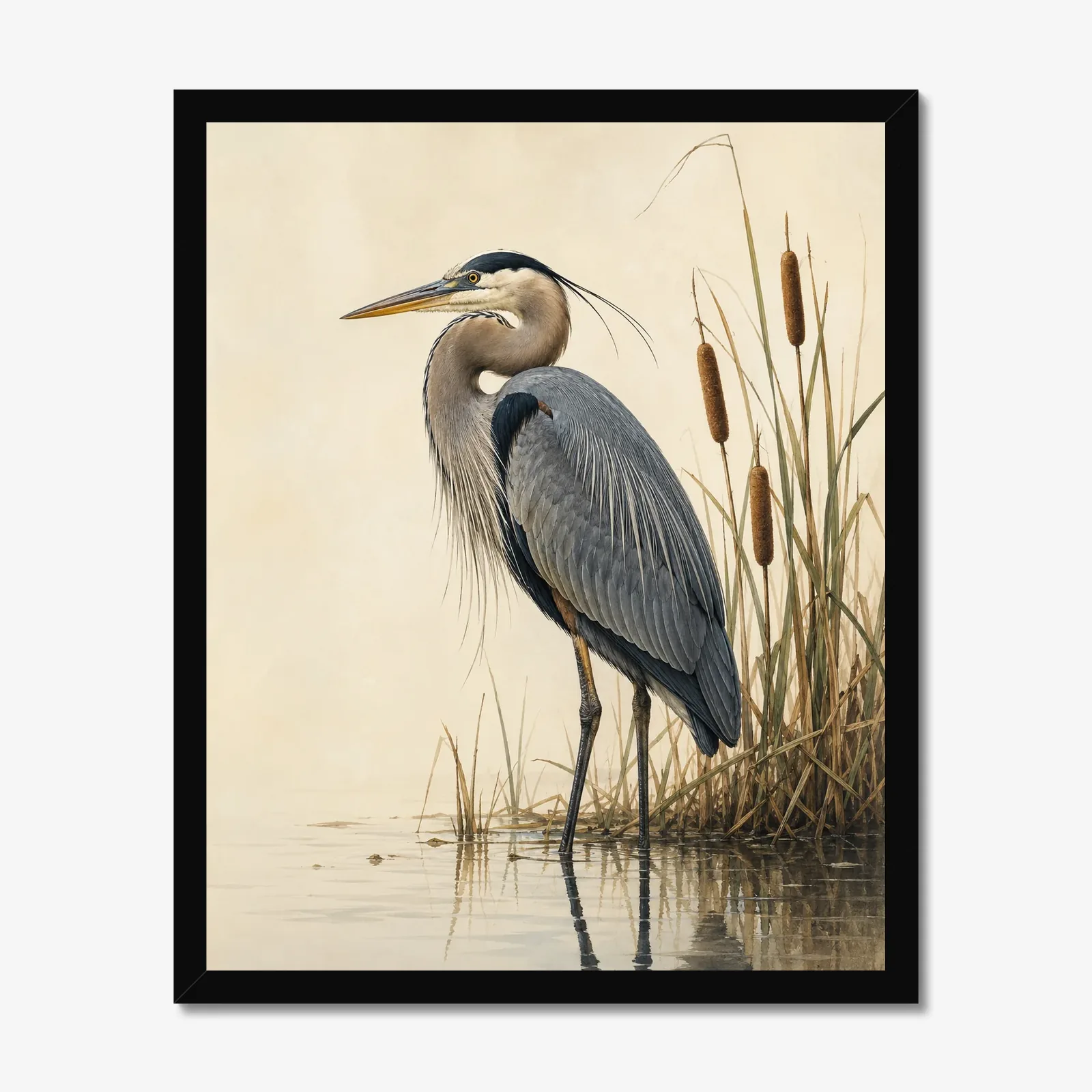 Great Blue Heron print in a black frame