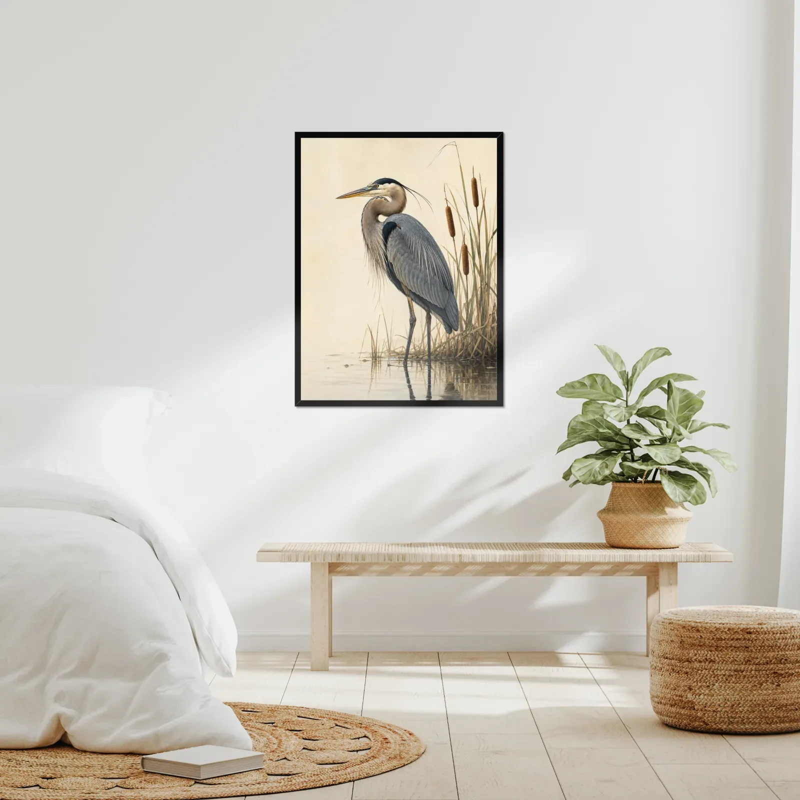 Great Blue Heron print framed at 24x30 inches, shown on a wall to scale