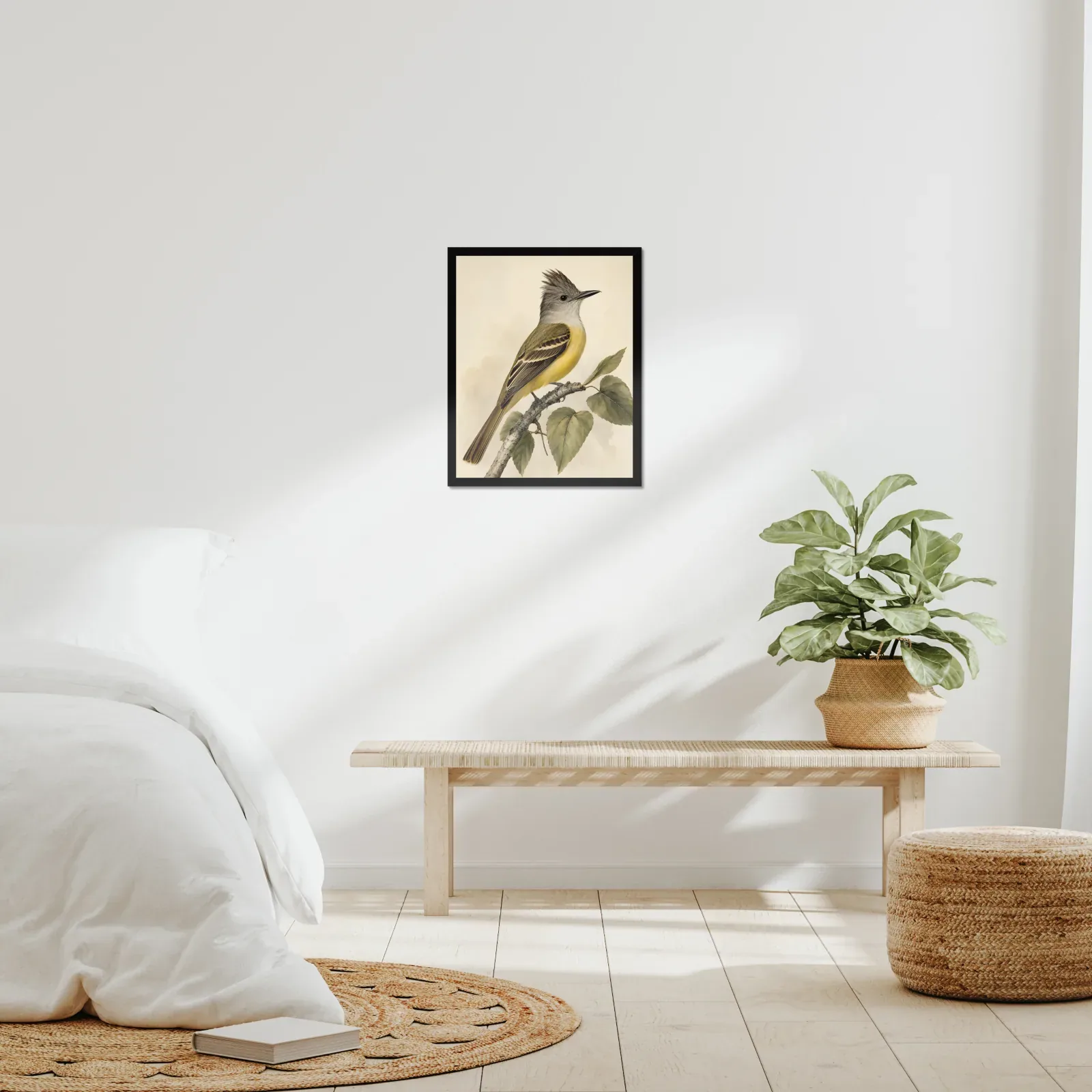 Great Crested Flycatcher Print framed at 16x20 inches, shown on a wall to scale
