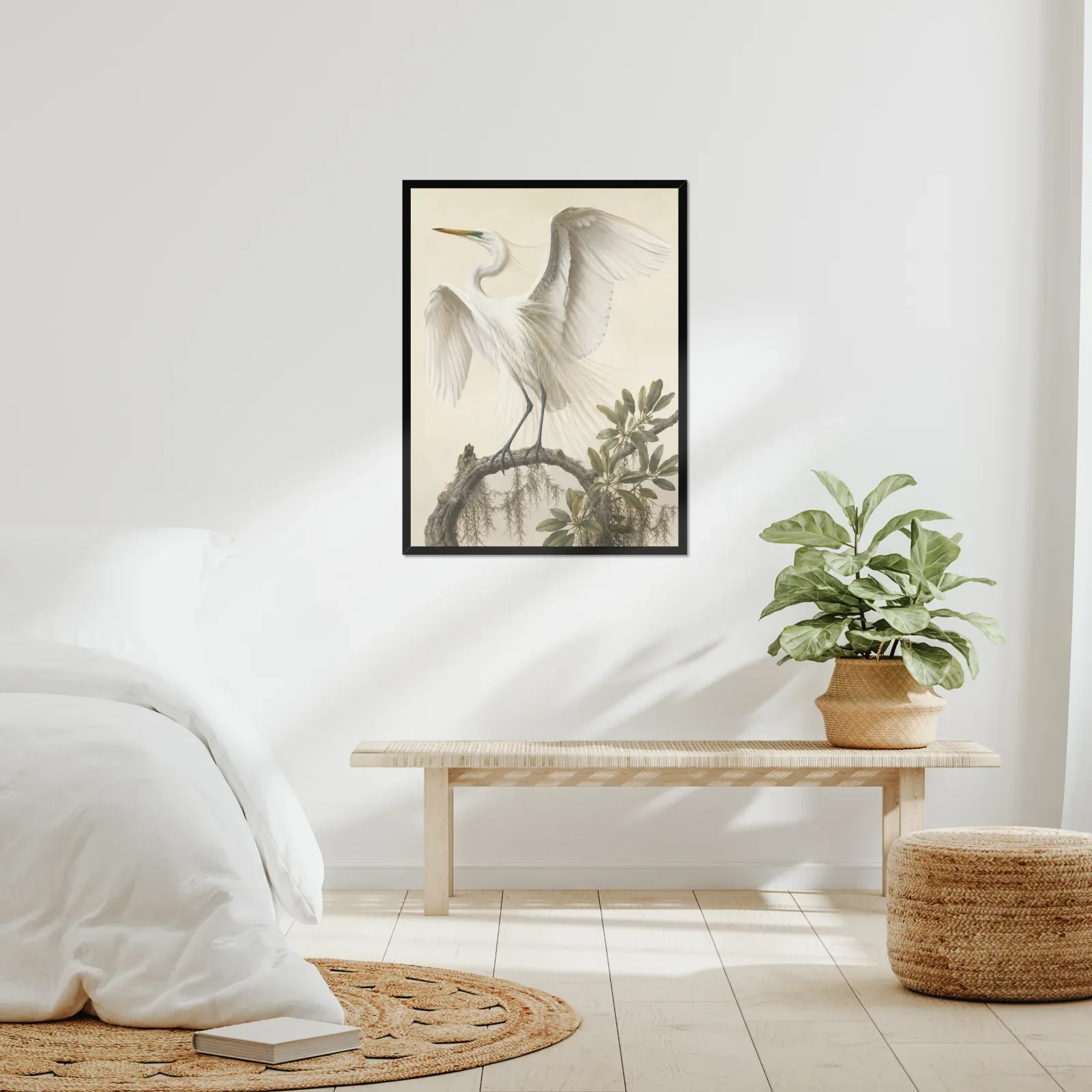 Great Egret Print - With Wings Raised framed at 24x30 inches, shown on a wall to scale
