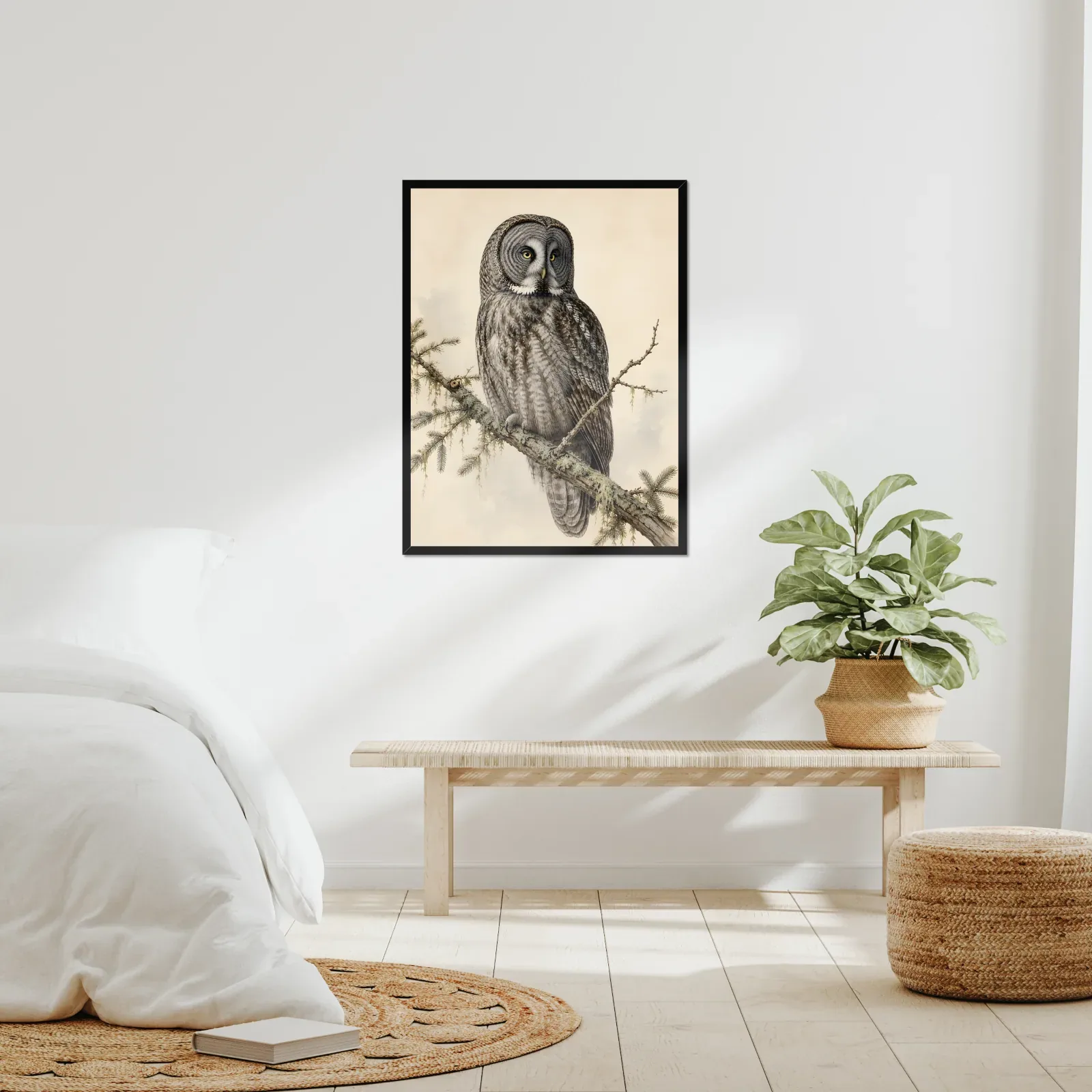 Great Gray Owl Print framed at 24x30 inches, shown on a wall to scale