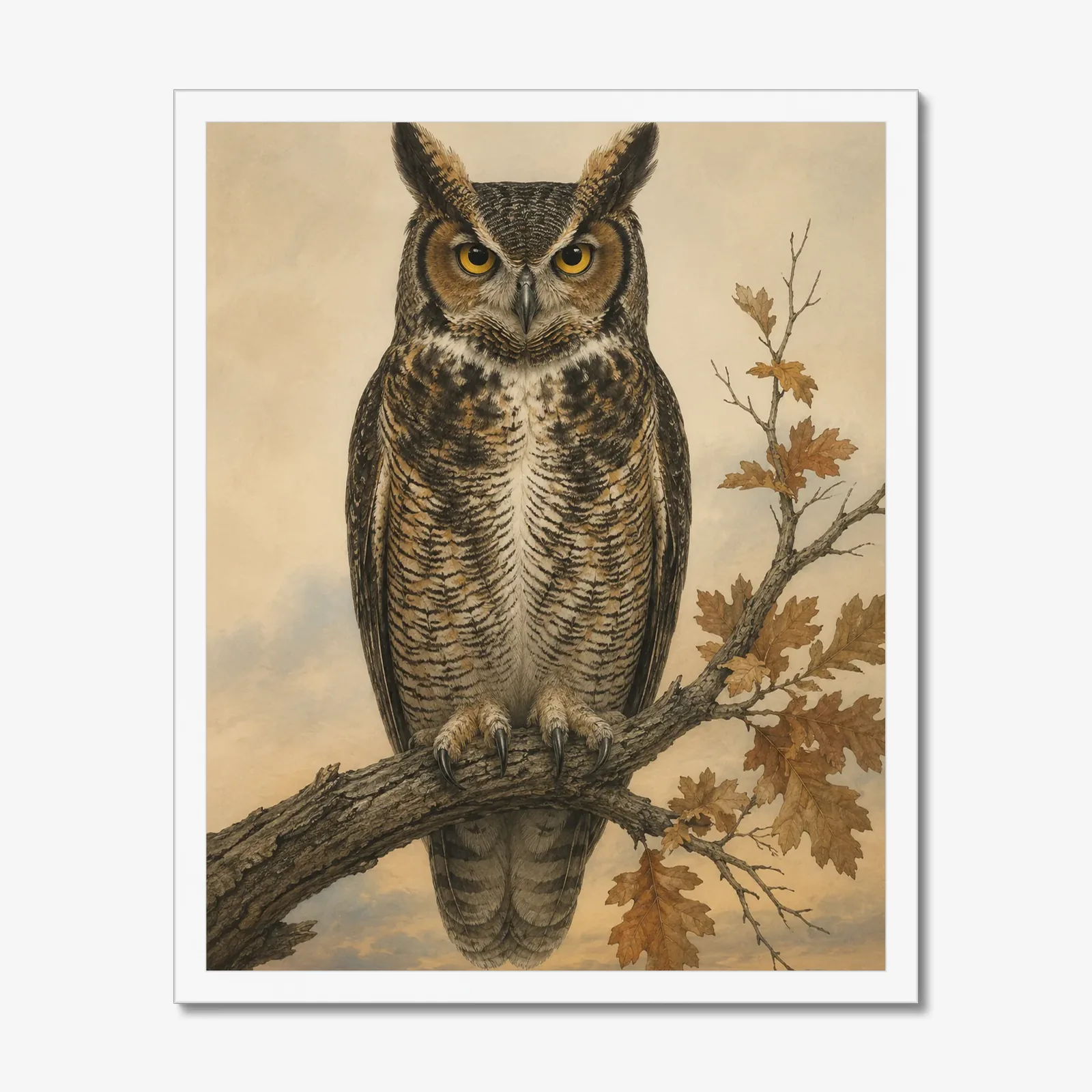 Great Horned Owl Print in a white frame