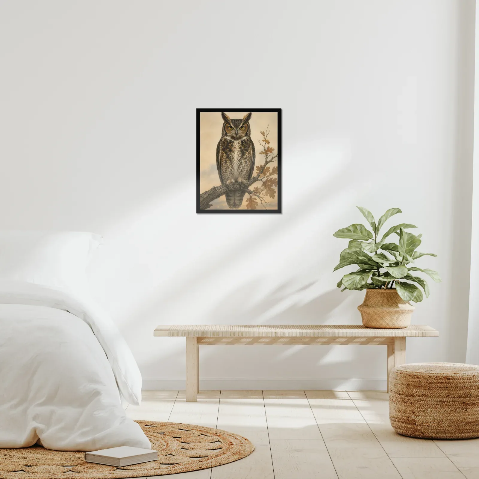 Great Horned Owl Print framed at 16x20 inches, shown on a wall to scale