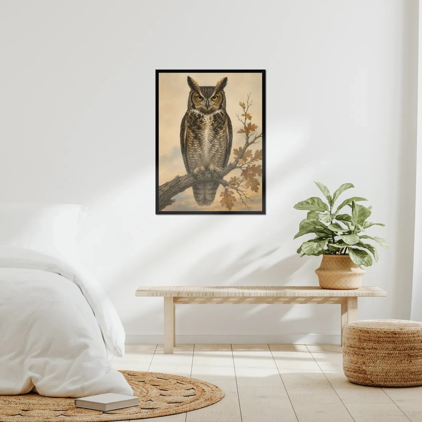 A framed bird print in a real room