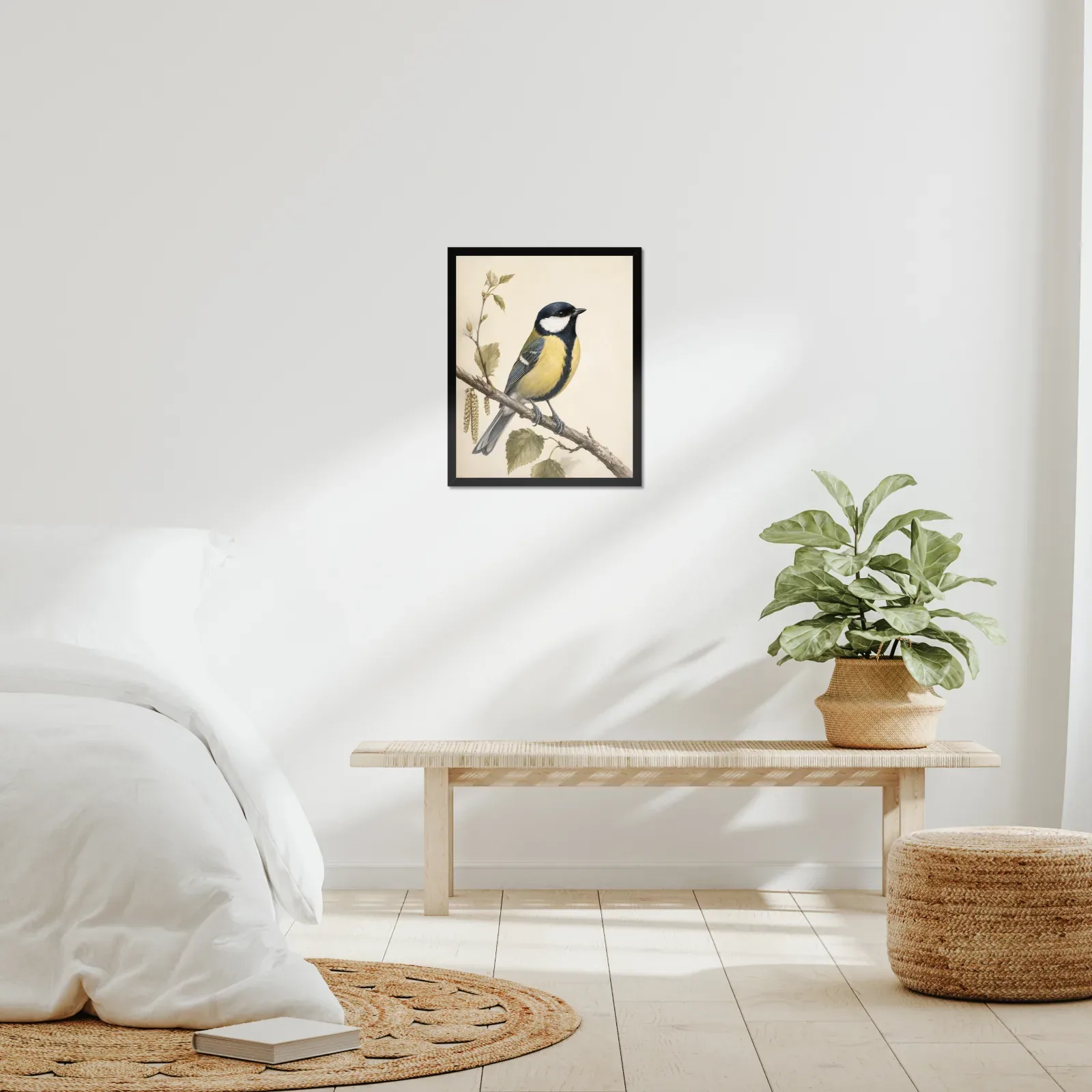 Great Tit Print framed at 16x20 inches, shown on a wall to scale