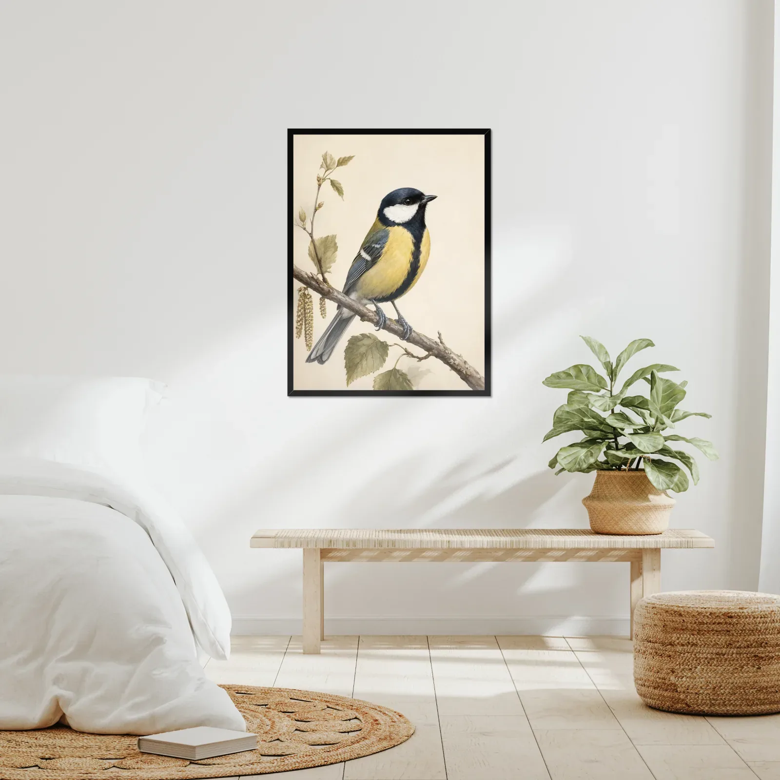 Great Tit Print framed at 24x30 inches, shown on a wall to scale