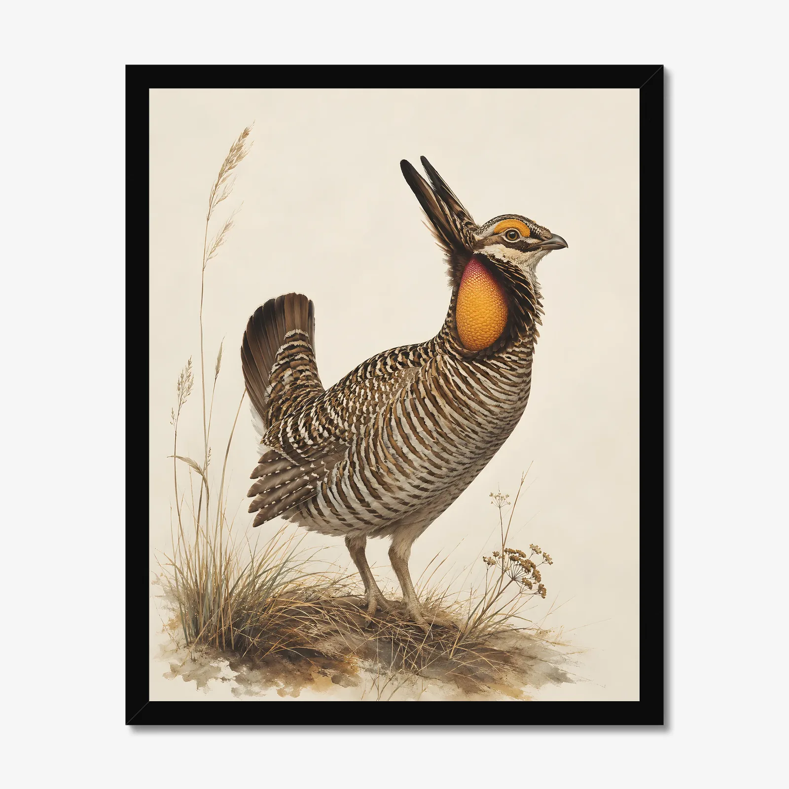 Greater Prairie Chicken Print in a black frame