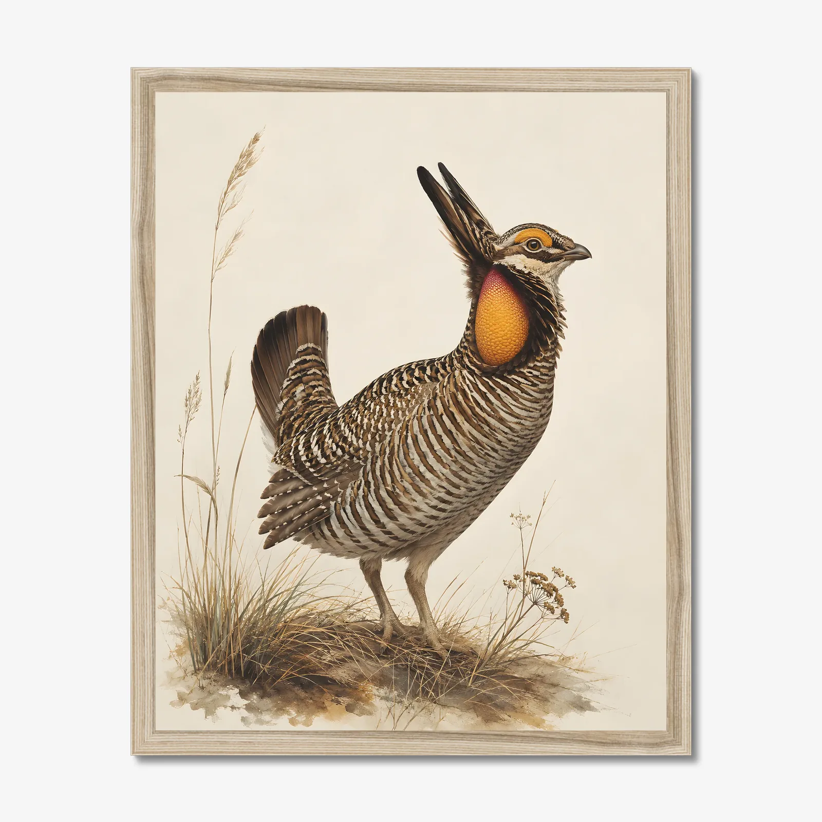 Greater Prairie Chicken Print in a natural frame