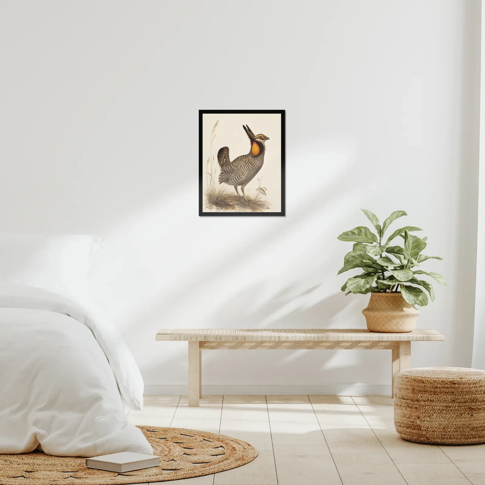 Greater Prairie Chicken Print framed at 16x20 inches, shown on a wall to scale