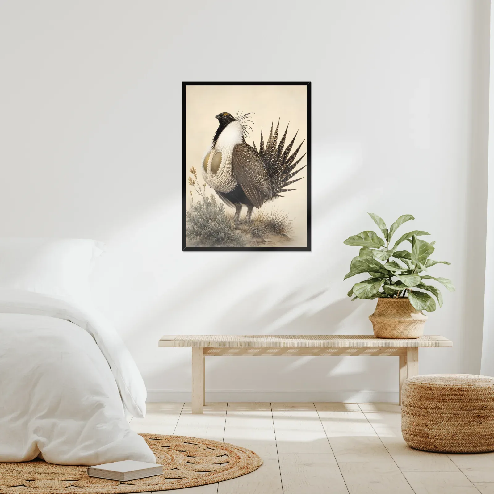 Greater Sage Grouse Print framed at 24x30 inches, shown on a wall to scale