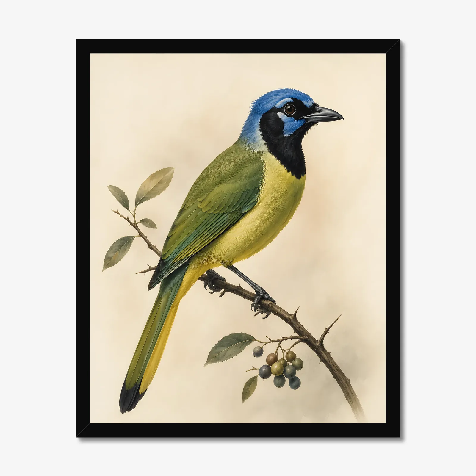 Green Jay Print in a black frame