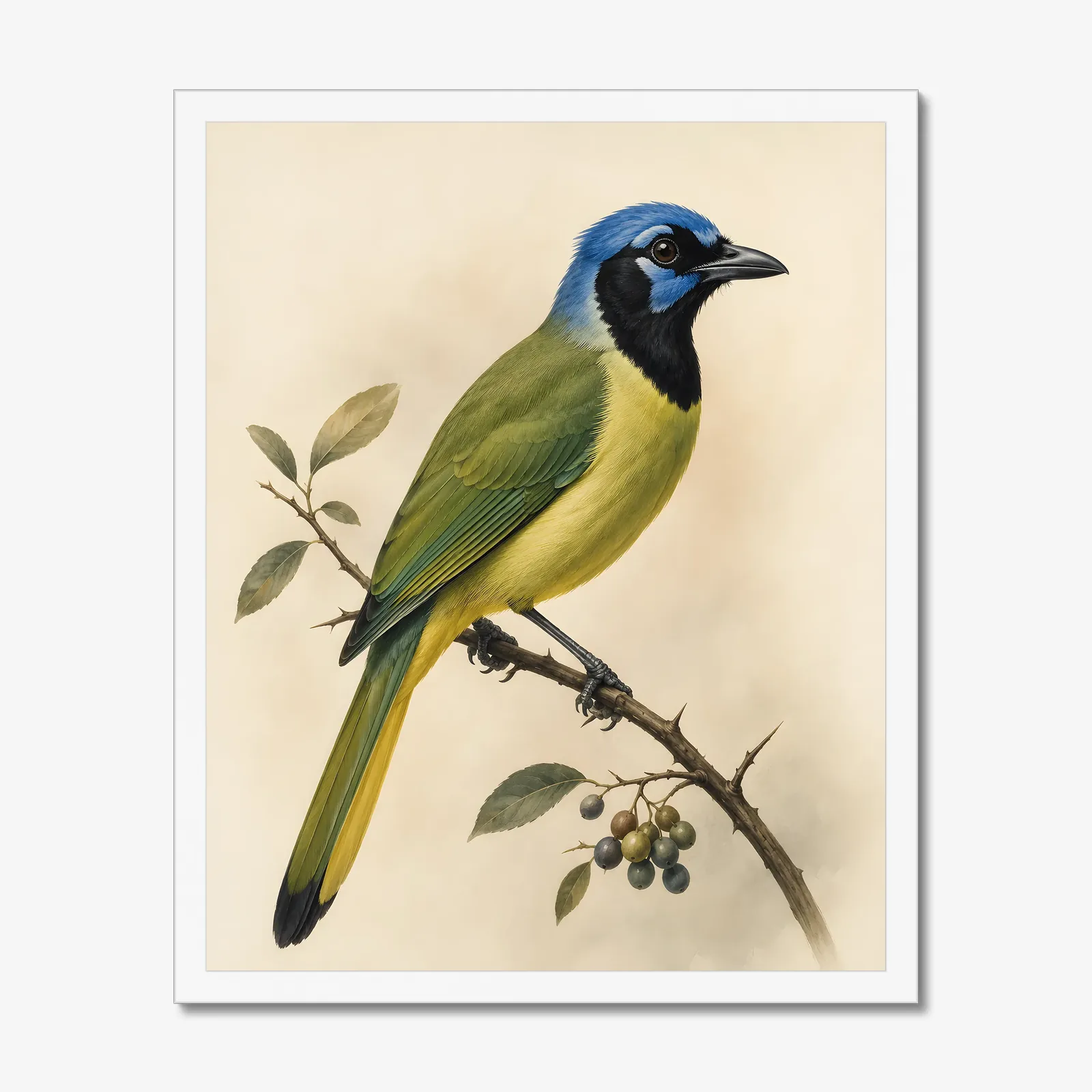 Green Jay Print in a white frame