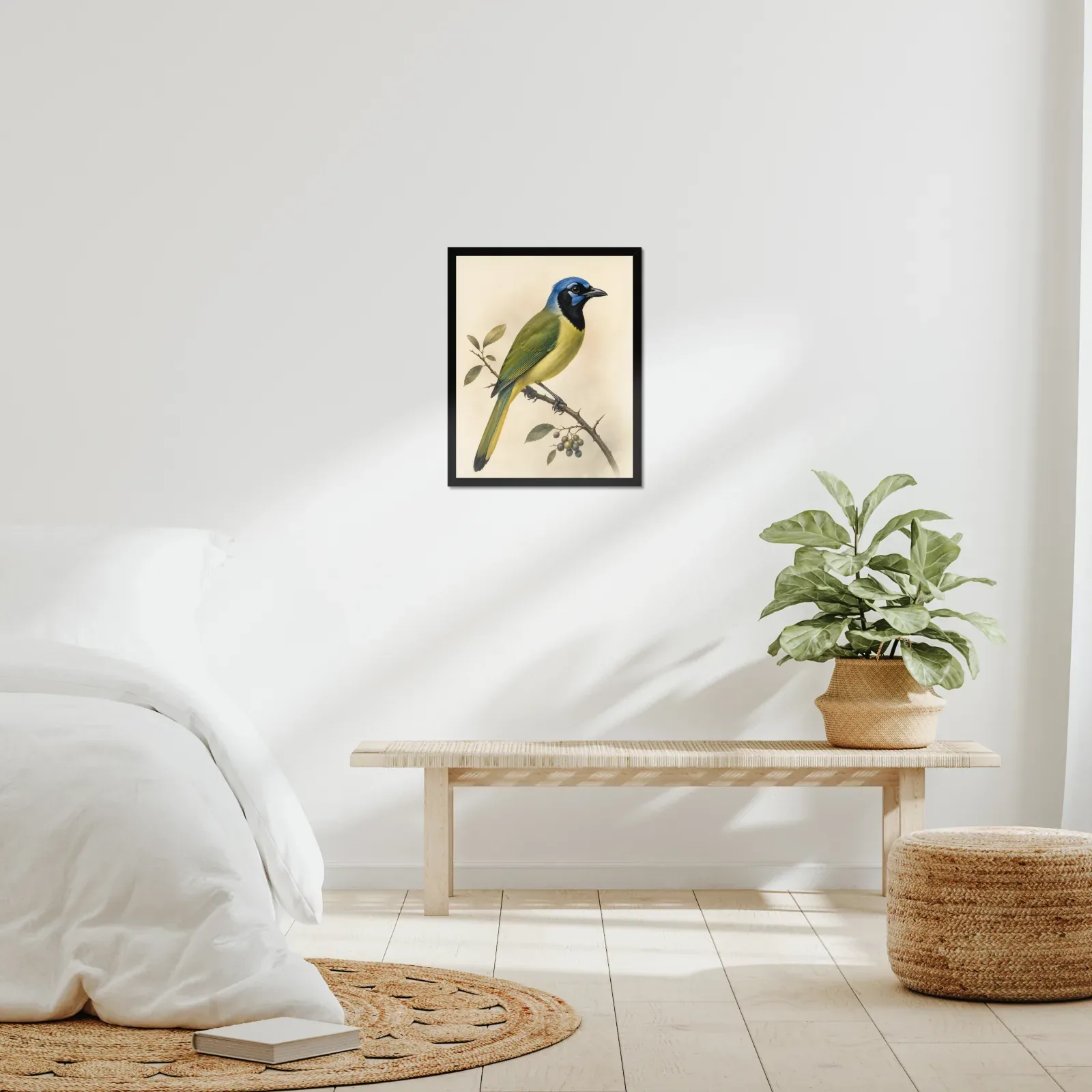 Green Jay Print framed at 16x20 inches, shown on a wall to scale