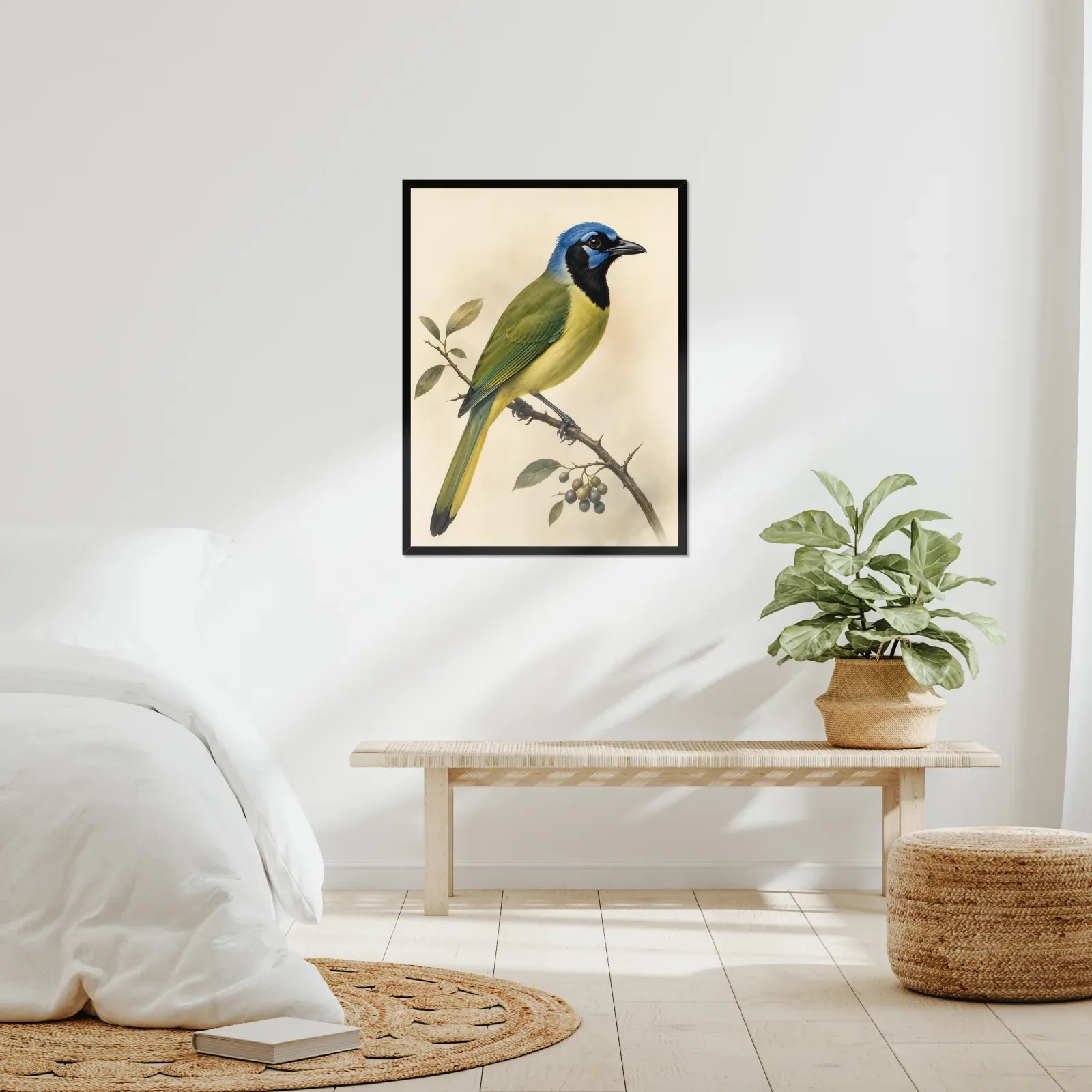 Green Jay Print framed at 24x30 inches, shown on a wall to scale