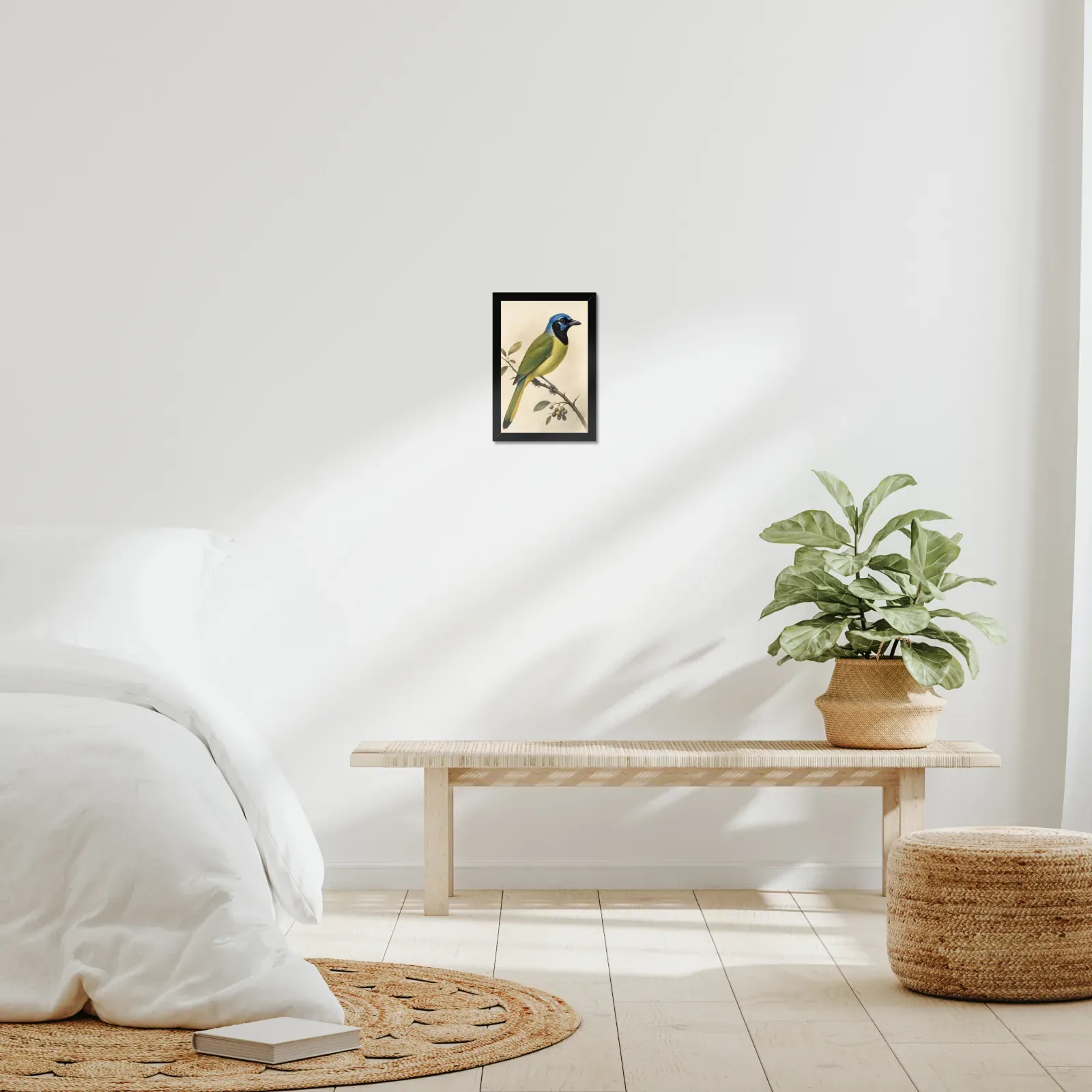 Green Jay Print framed at 8x10 inches, shown on a wall to scale