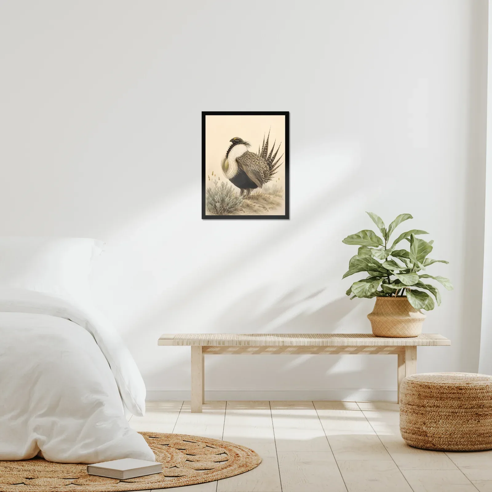 Gunnison Sage Grouse Print framed at 16x20 inches, shown on a wall to scale