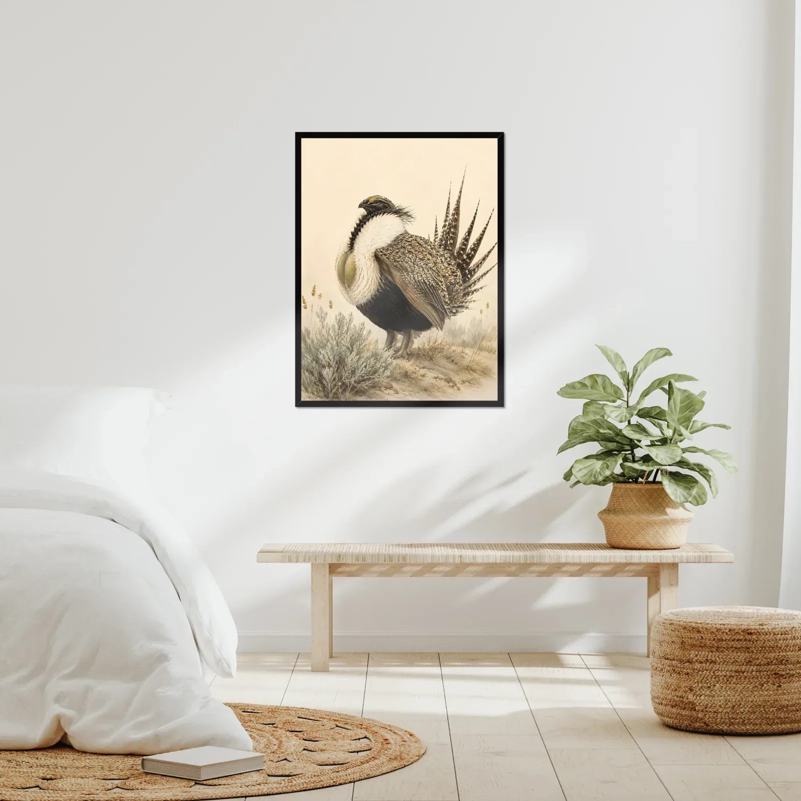 Gunnison Sage Grouse Print framed at 24x30 inches, shown on a wall to scale