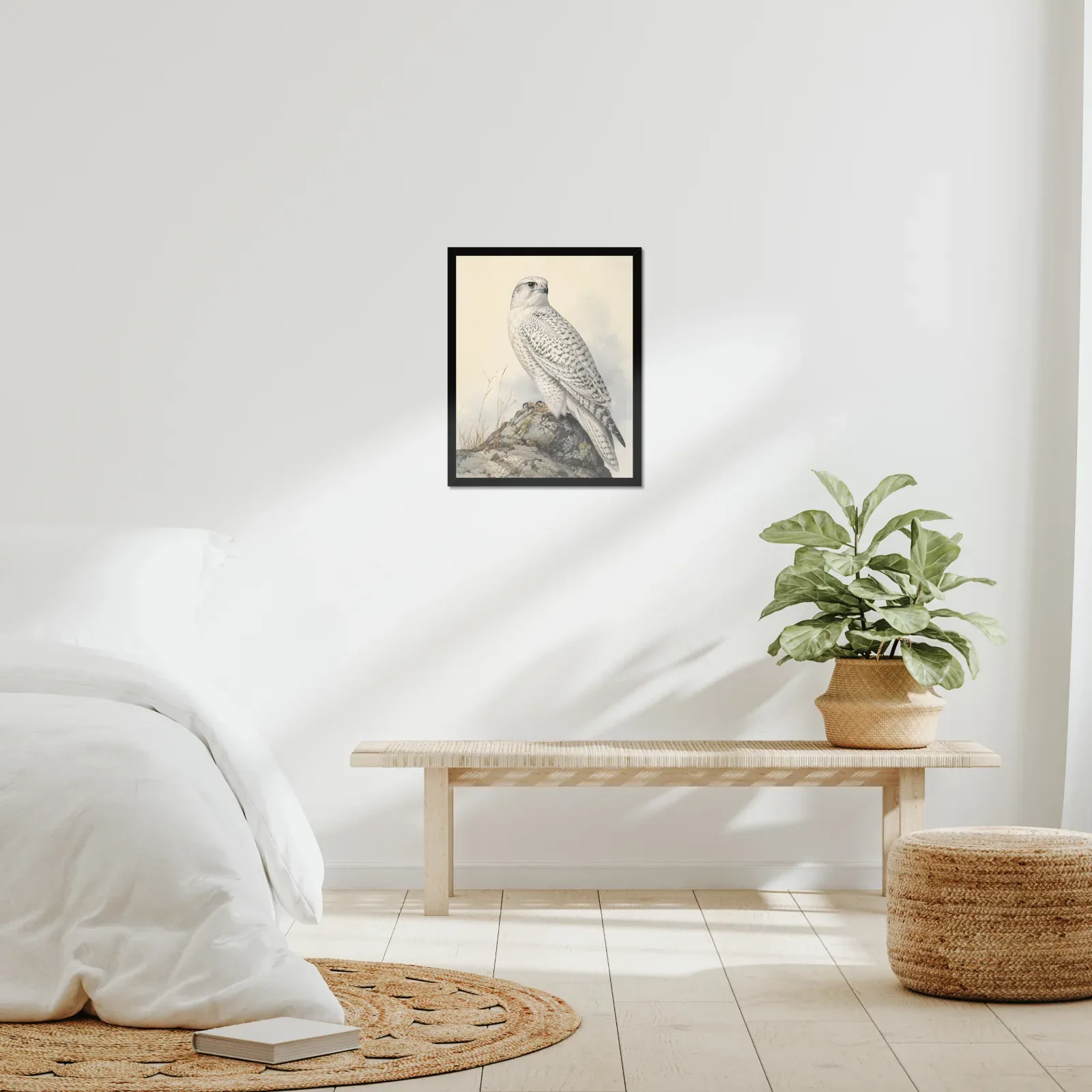 Gyrfalcon Print framed at 16x20 inches, shown on a wall to scale