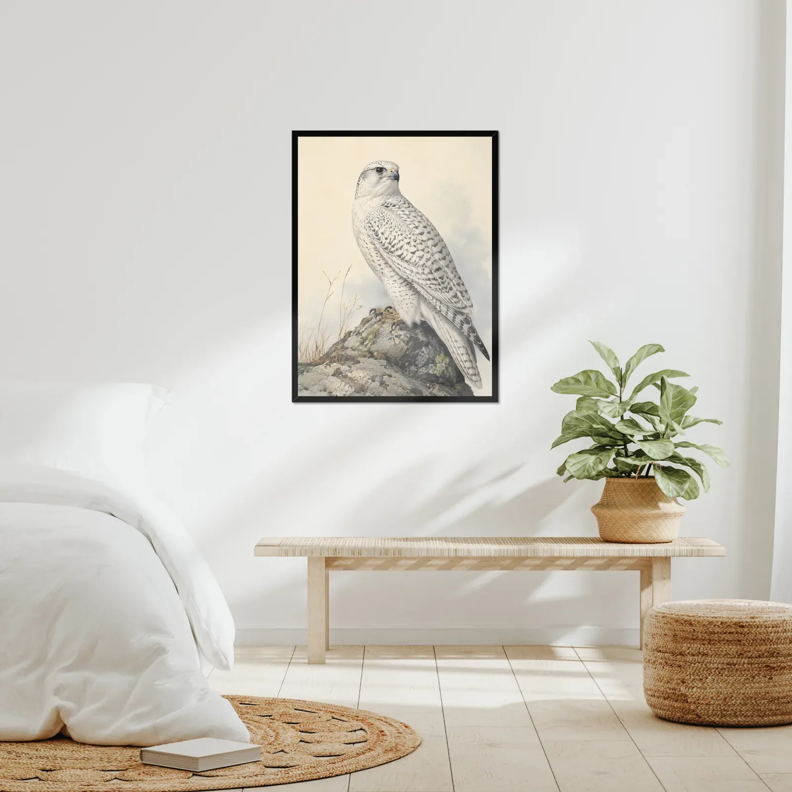 Gyrfalcon Print framed at 24x30 inches, shown on a wall to scale