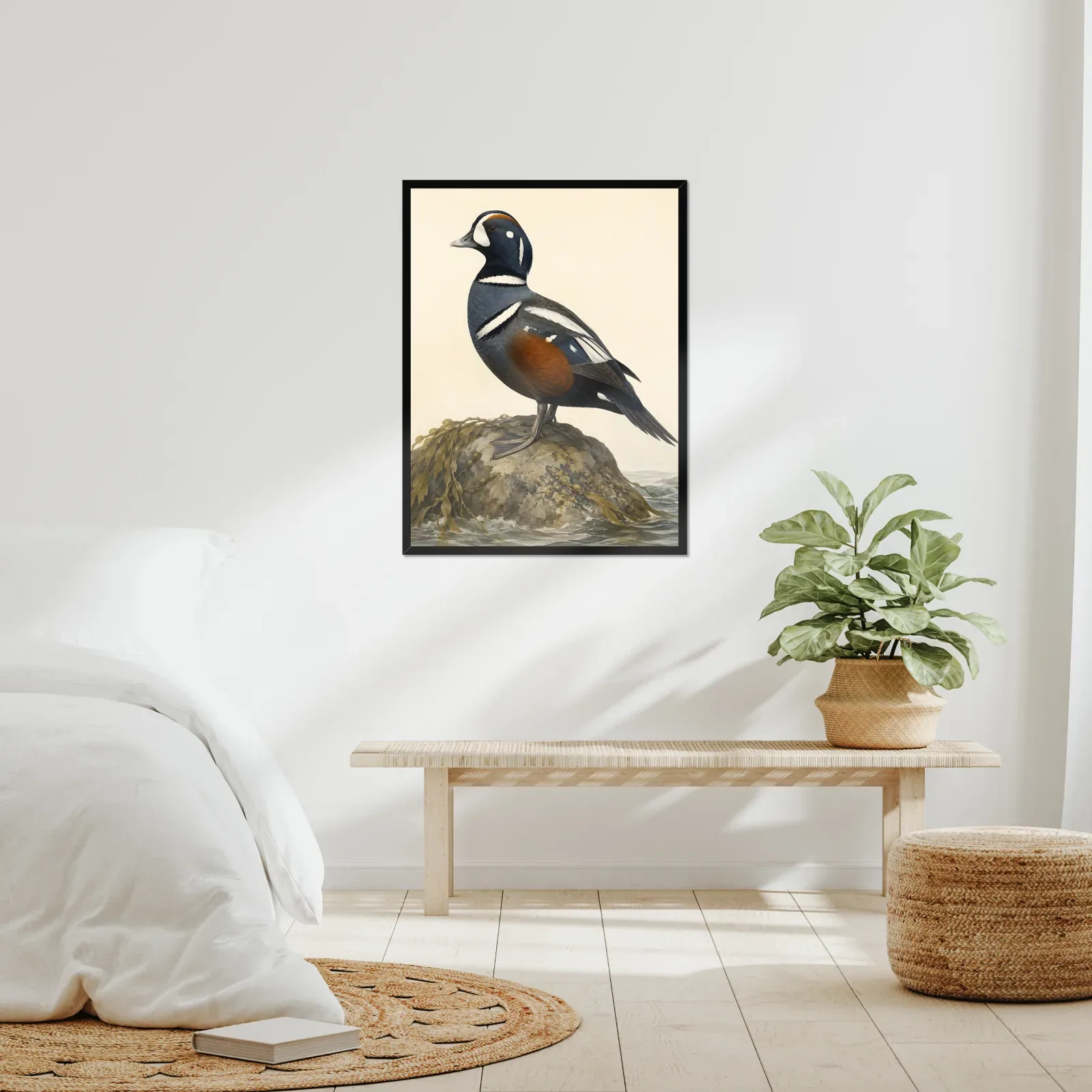 Harlequin Duck Print framed at 24x30 inches, shown on a wall to scale