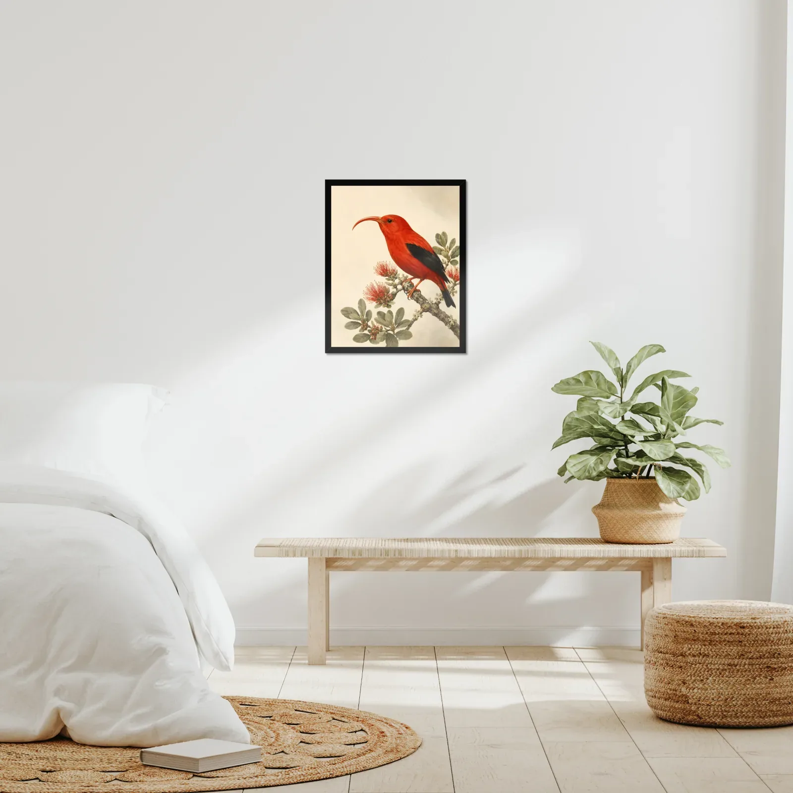 Hawaiian Honeycreeper Print framed at 16x20 inches, shown on a wall to scale