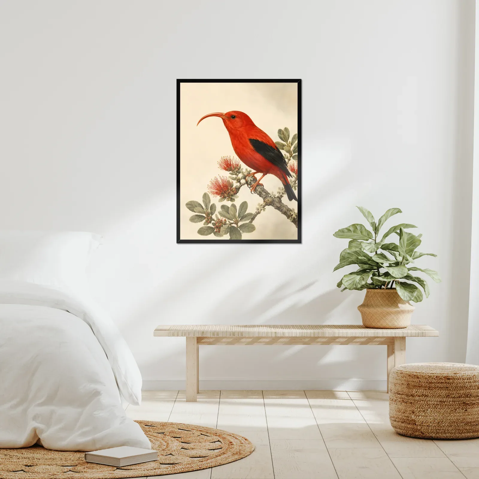 Hawaiian Honeycreeper Print framed at 24x30 inches, shown on a wall to scale