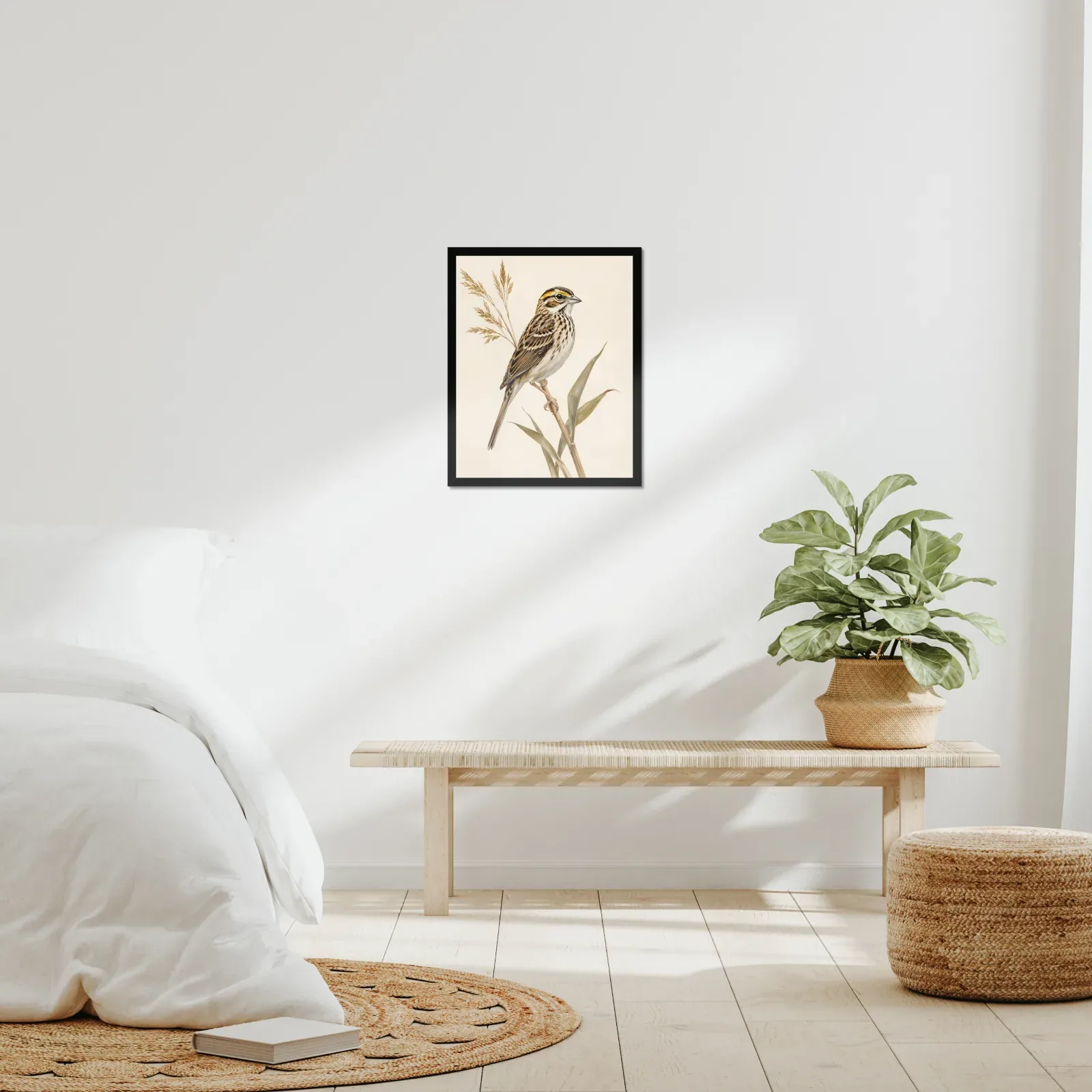 Henslow's Sparrow Print framed at 16x20 inches, shown on a wall to scale