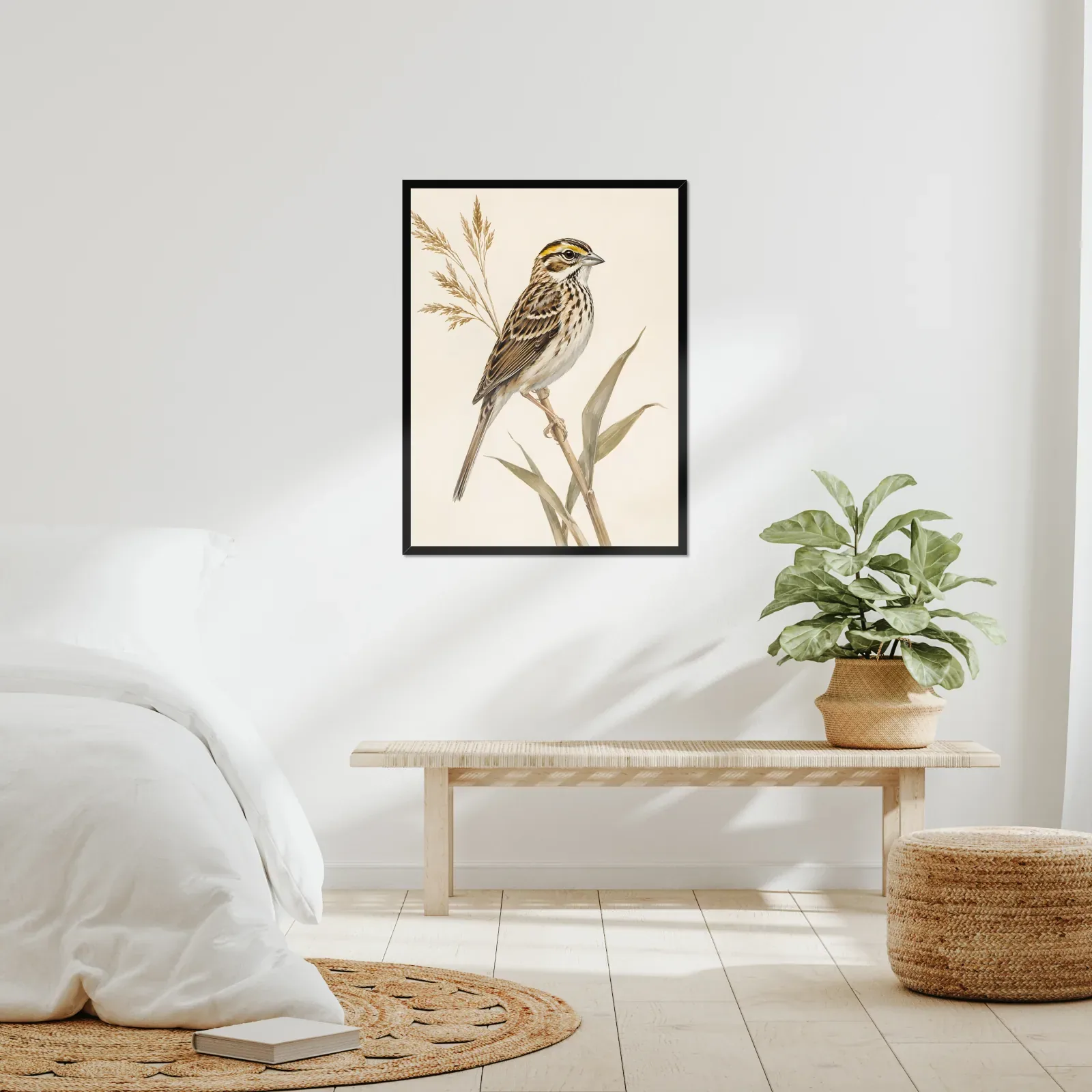 Henslow's Sparrow Print framed at 24x30 inches, shown on a wall to scale