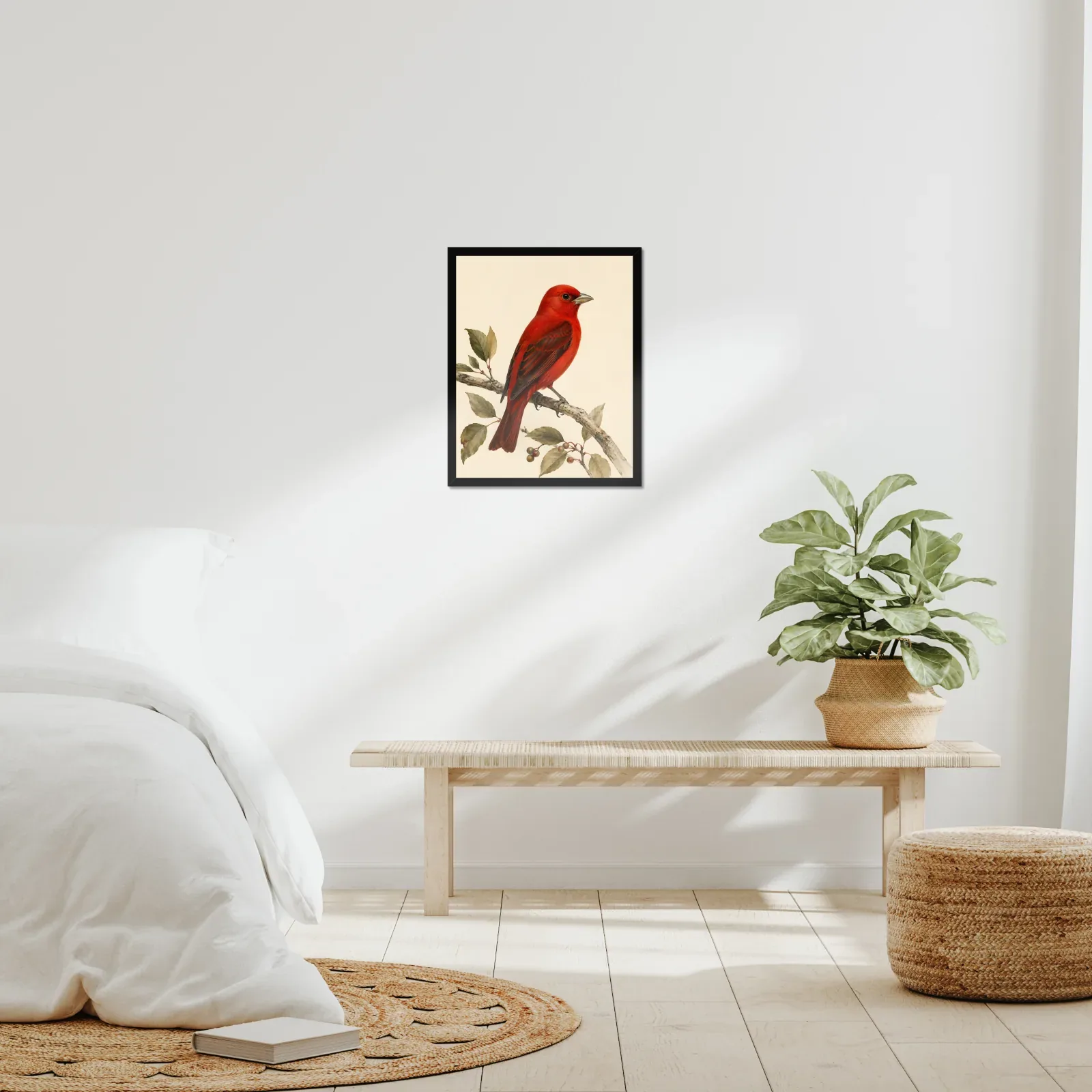 Hepatic Tanager Print framed at 16x20 inches, shown on a wall to scale