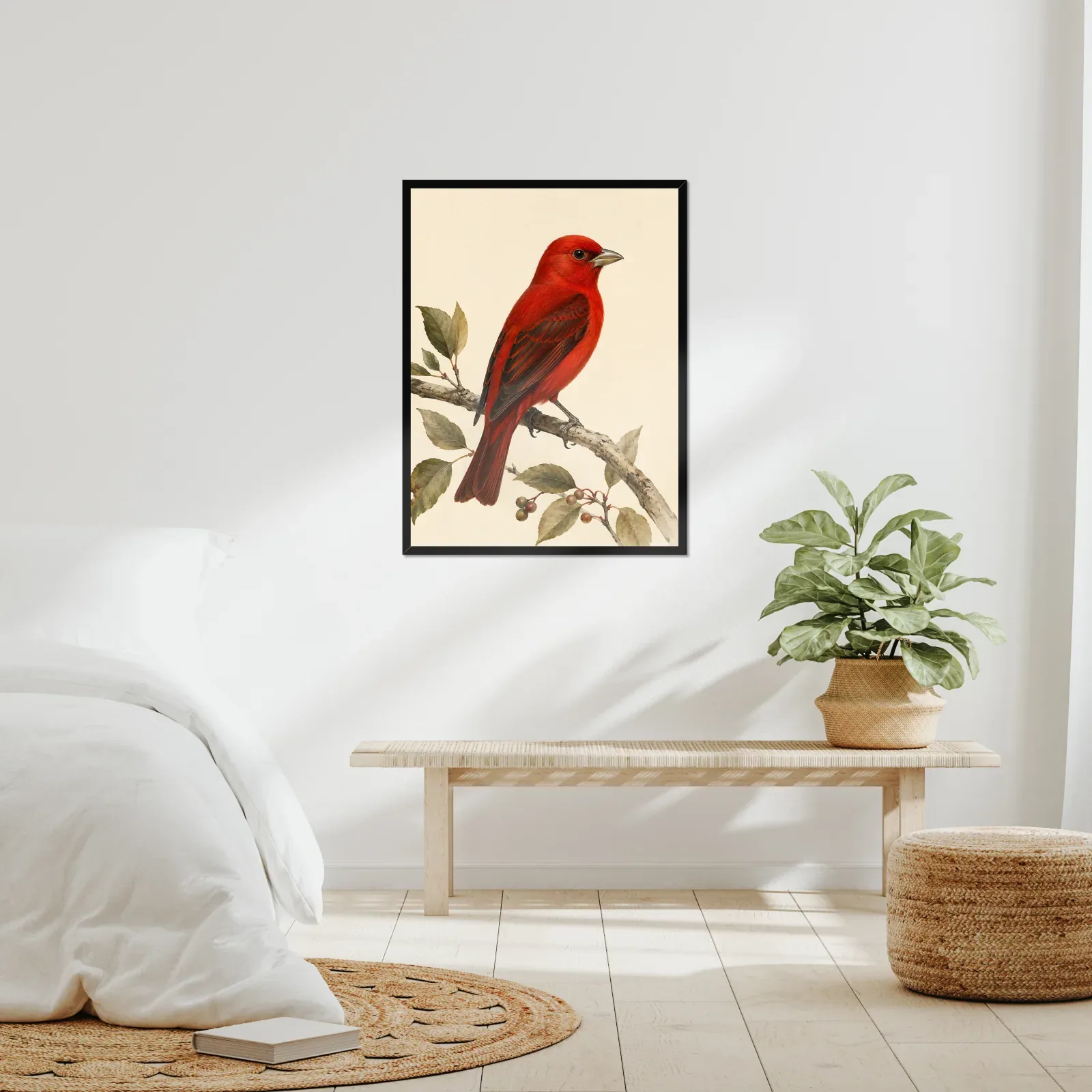Hepatic Tanager Print framed at 24x30 inches, shown on a wall to scale
