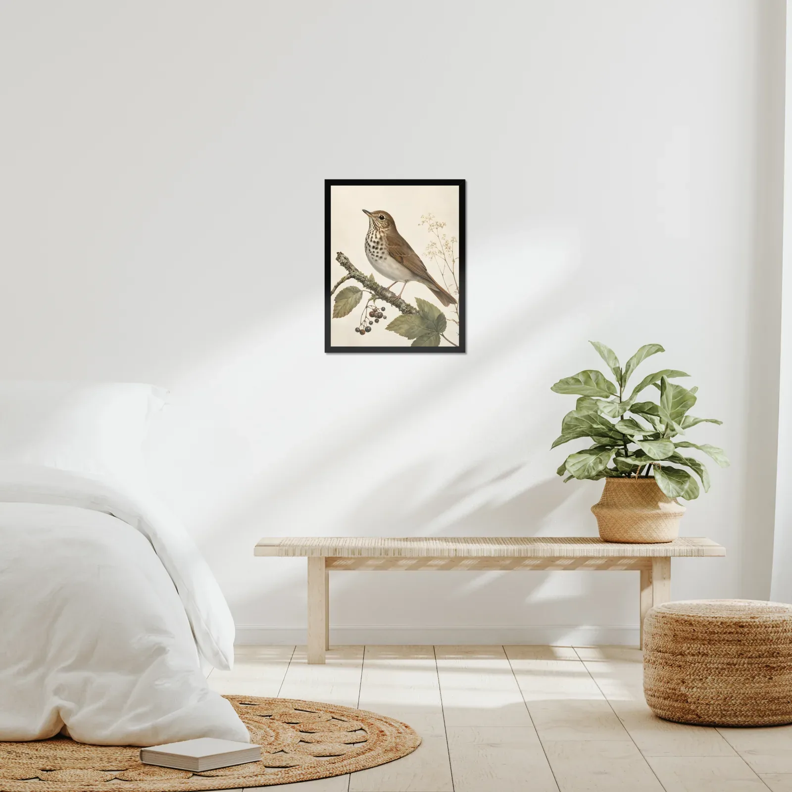 Hermit Thrush Print framed at 16x20 inches, shown on a wall to scale