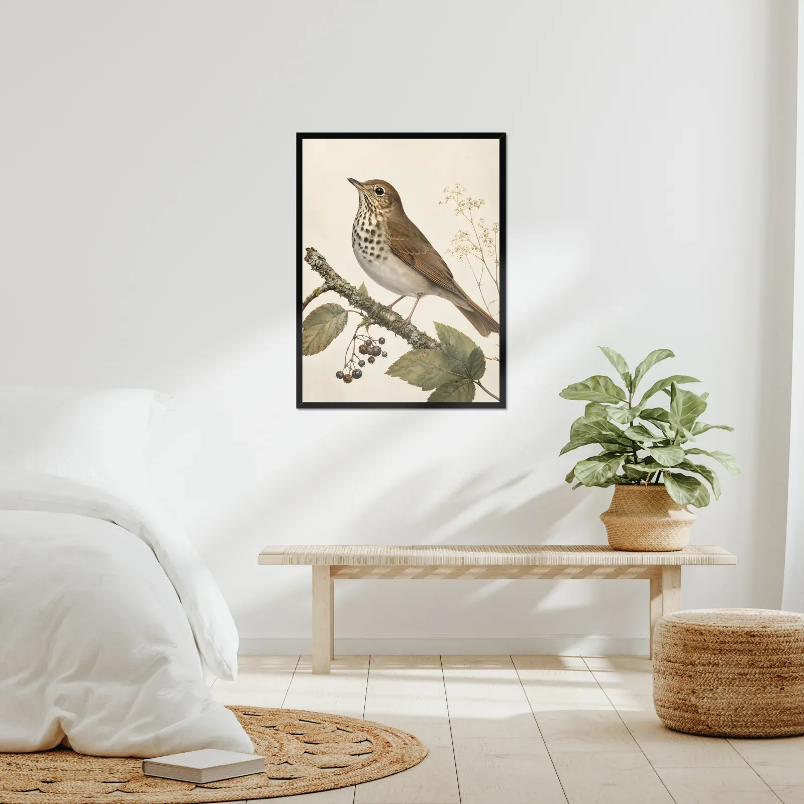 Hermit Thrush Print framed at 24x30 inches, shown on a wall to scale