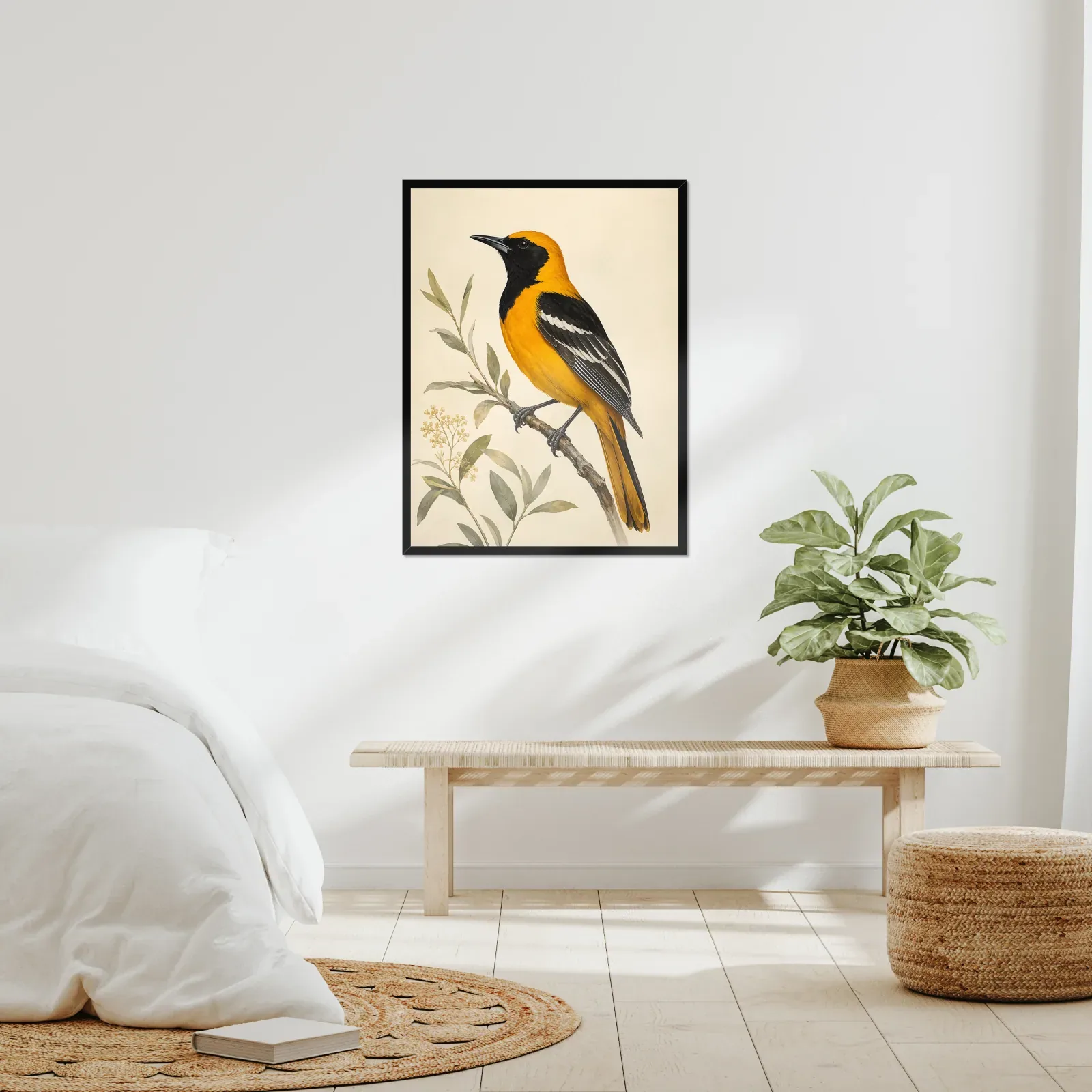 Hooded Oriole Print framed at 24x30 inches, shown on a wall to scale