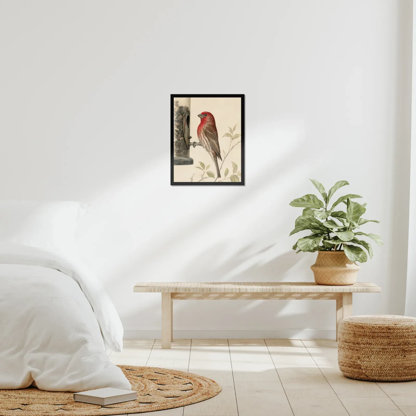 House Finch Print framed at 16x20 inches, shown on a wall to scale