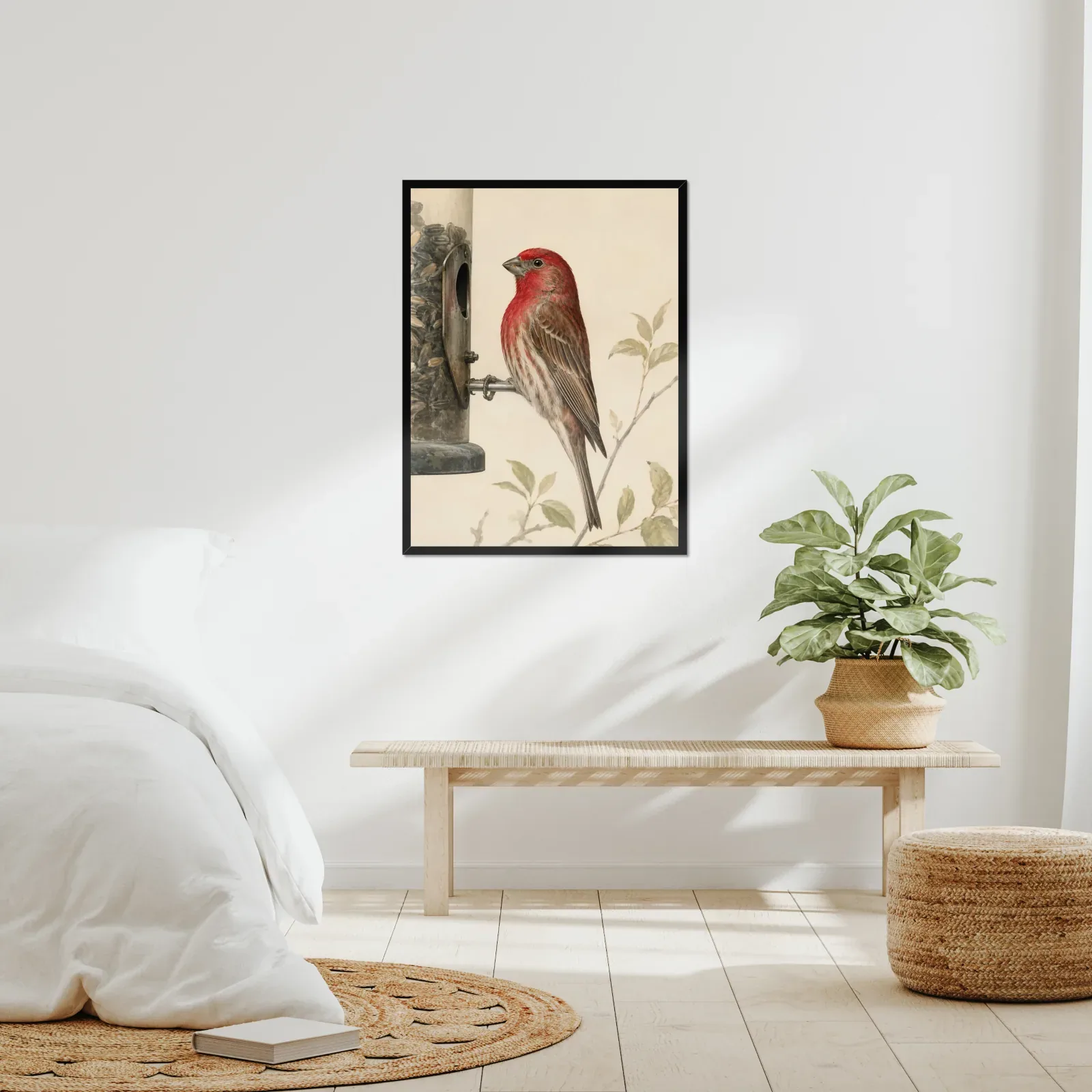 House Finch Print framed at 24x30 inches, shown on a wall to scale