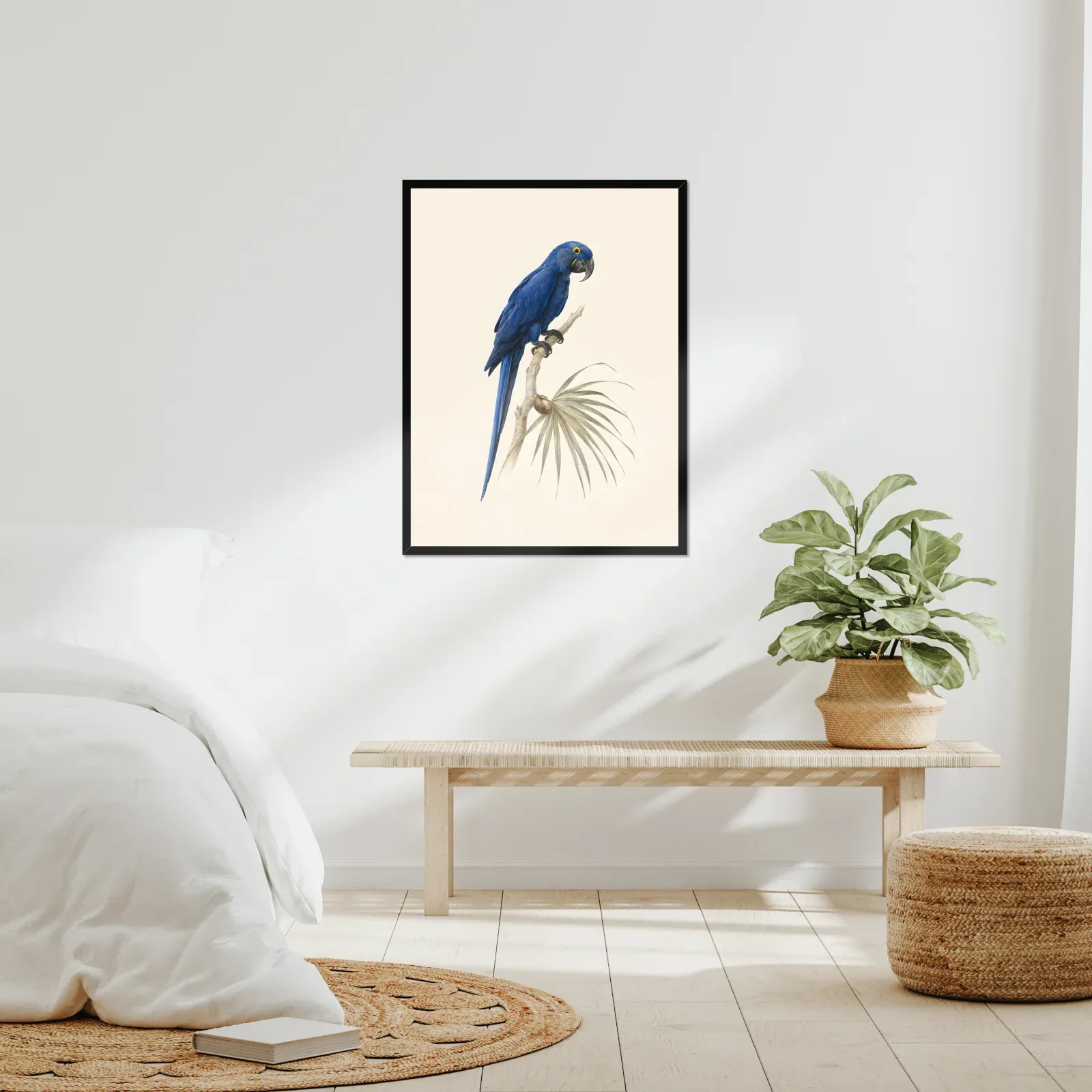 Hyacinth Macaw Print framed at 24x30 inches, shown on a wall to scale