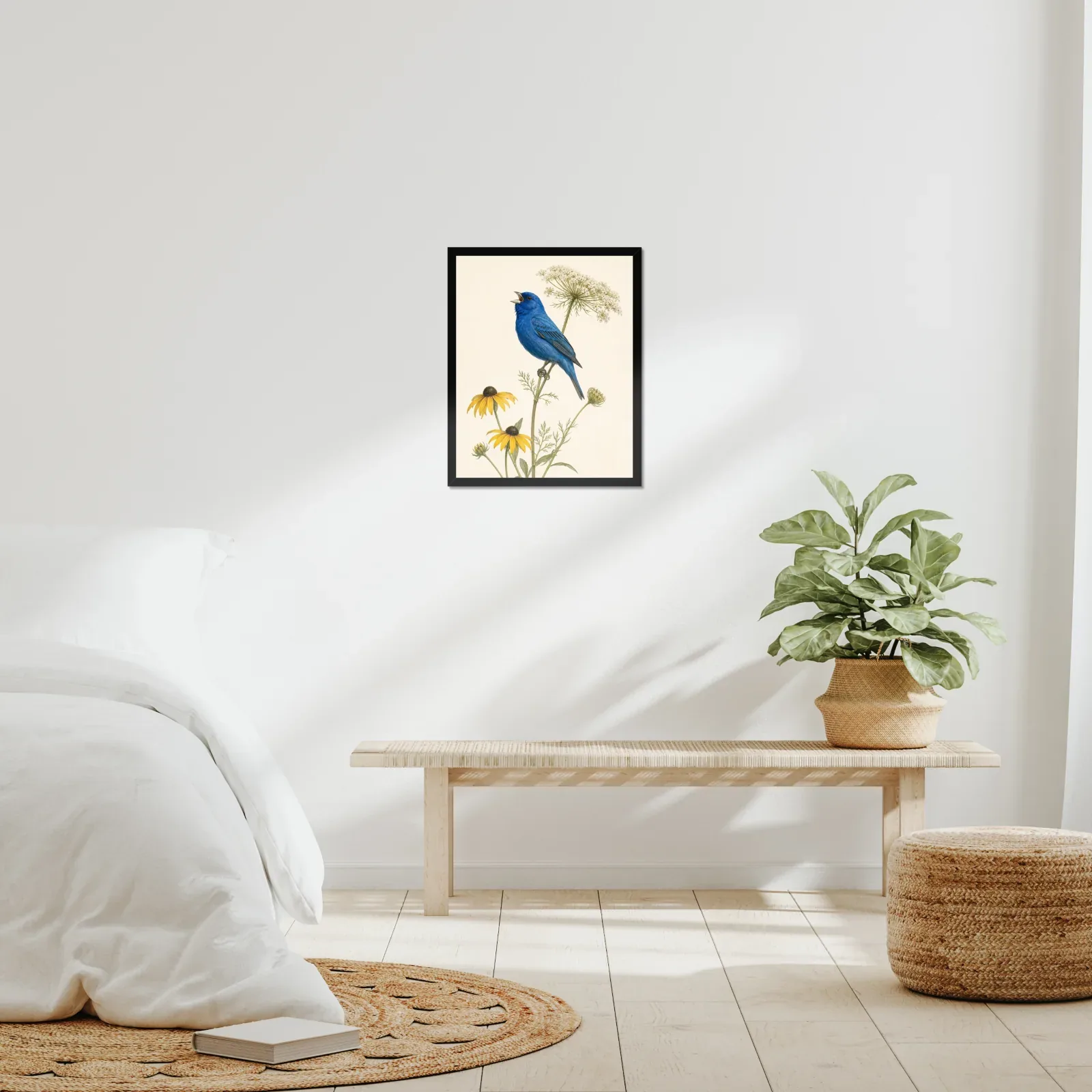 Indigo Bunting Print - Blue Songbird Fine Art Print framed at 16x20 inches, shown on a wall to scale