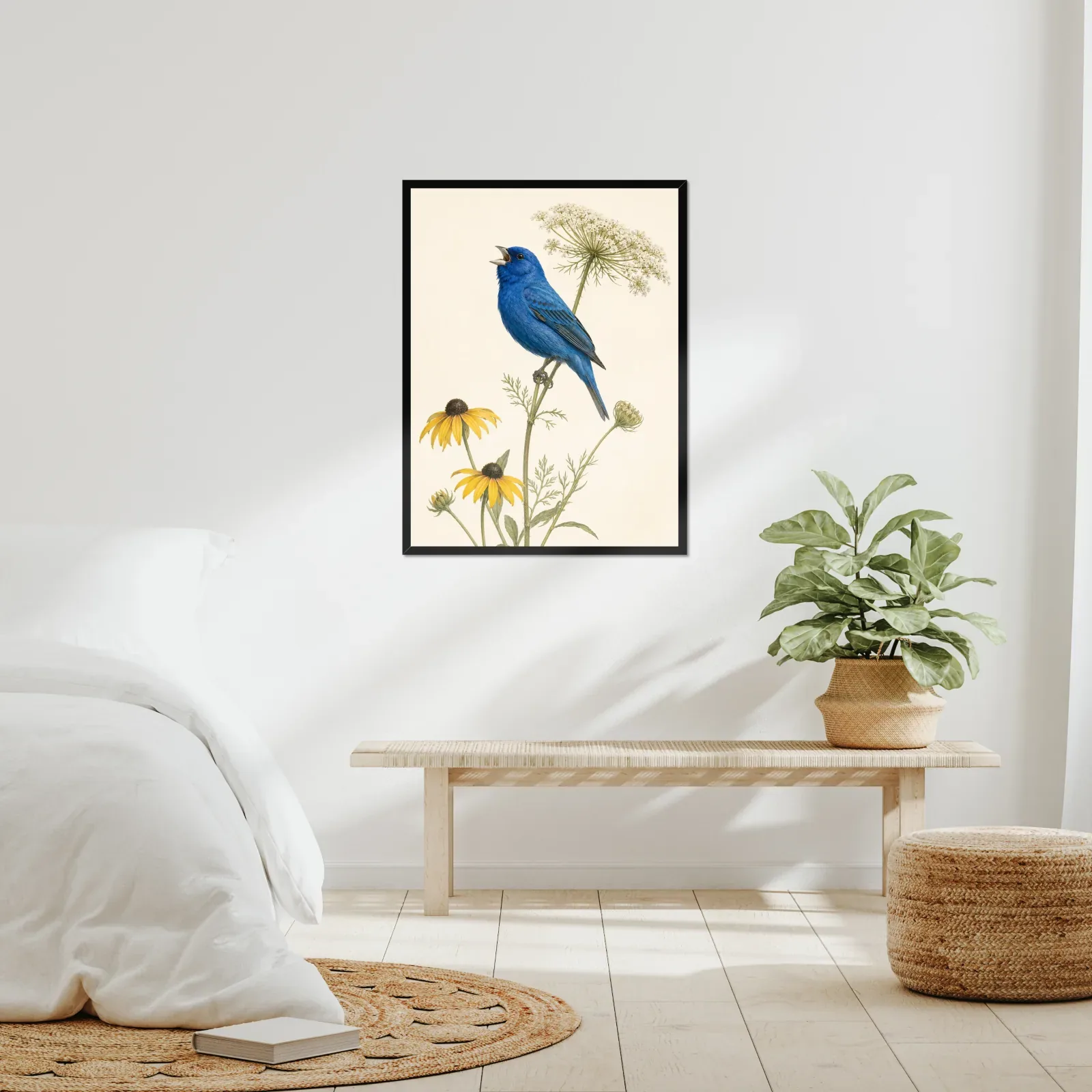 Indigo Bunting Print - Blue Songbird Fine Art Print framed at 24x30 inches, shown on a wall to scale