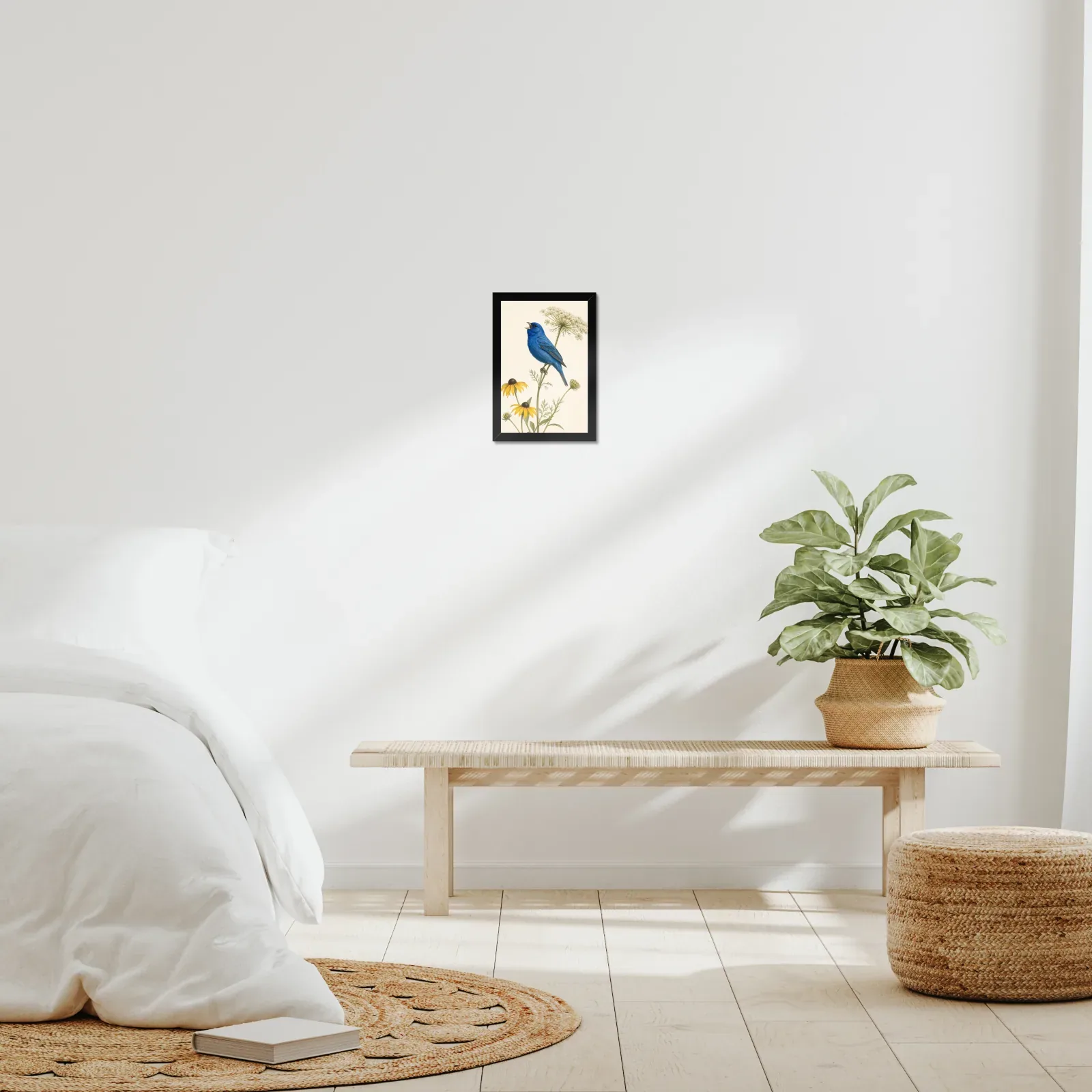 Indigo Bunting Print - Blue Songbird Fine Art Print framed at 8x10 inches, shown on a wall to scale