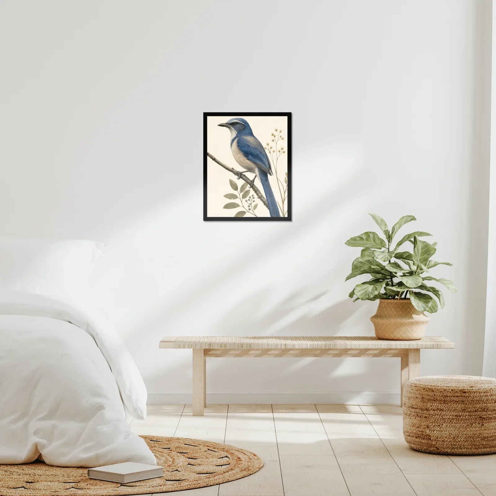 Island Scrub-Jay Print framed at 16x20 inches, shown on a wall to scale