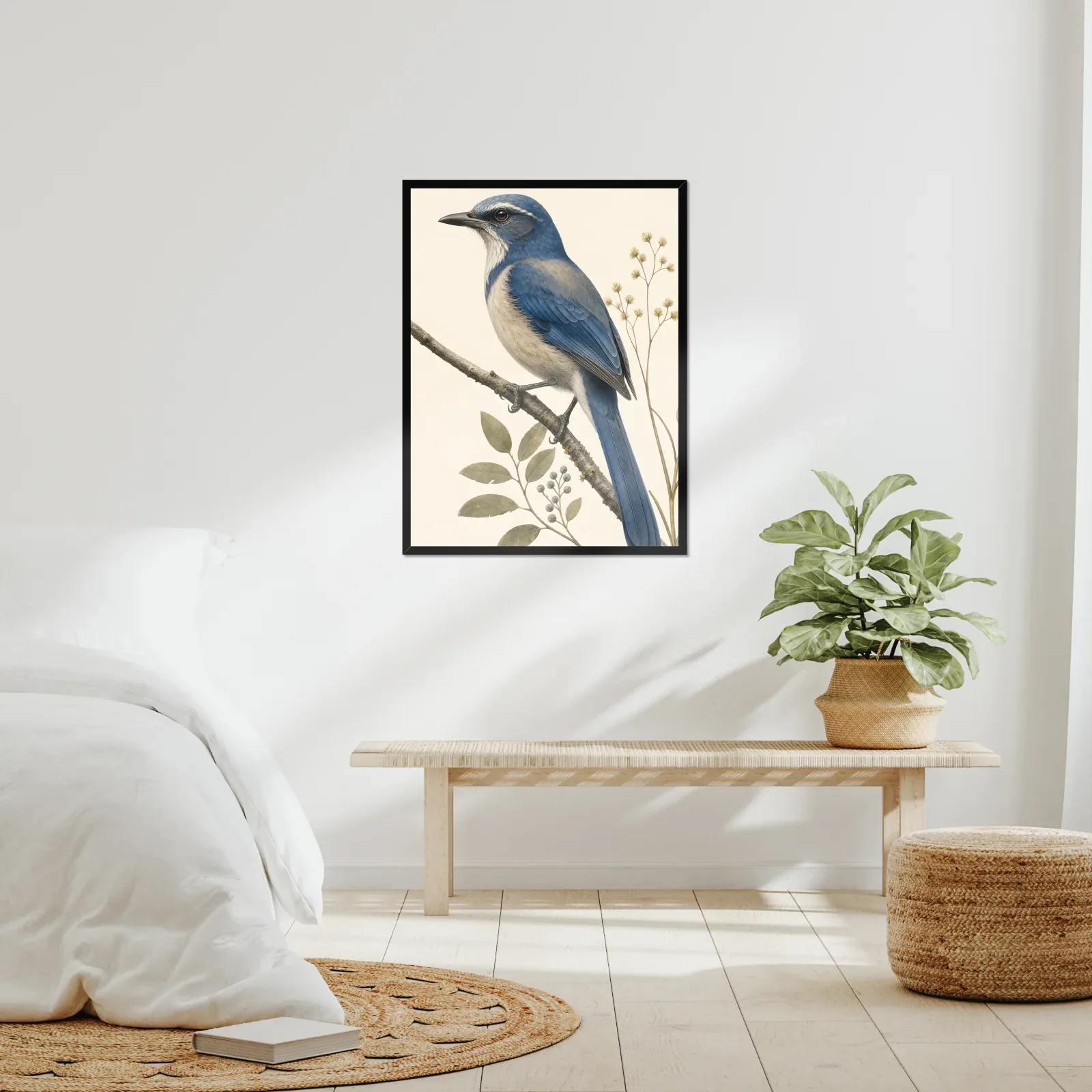 Island Scrub-Jay Print framed at 24x30 inches, shown on a wall to scale