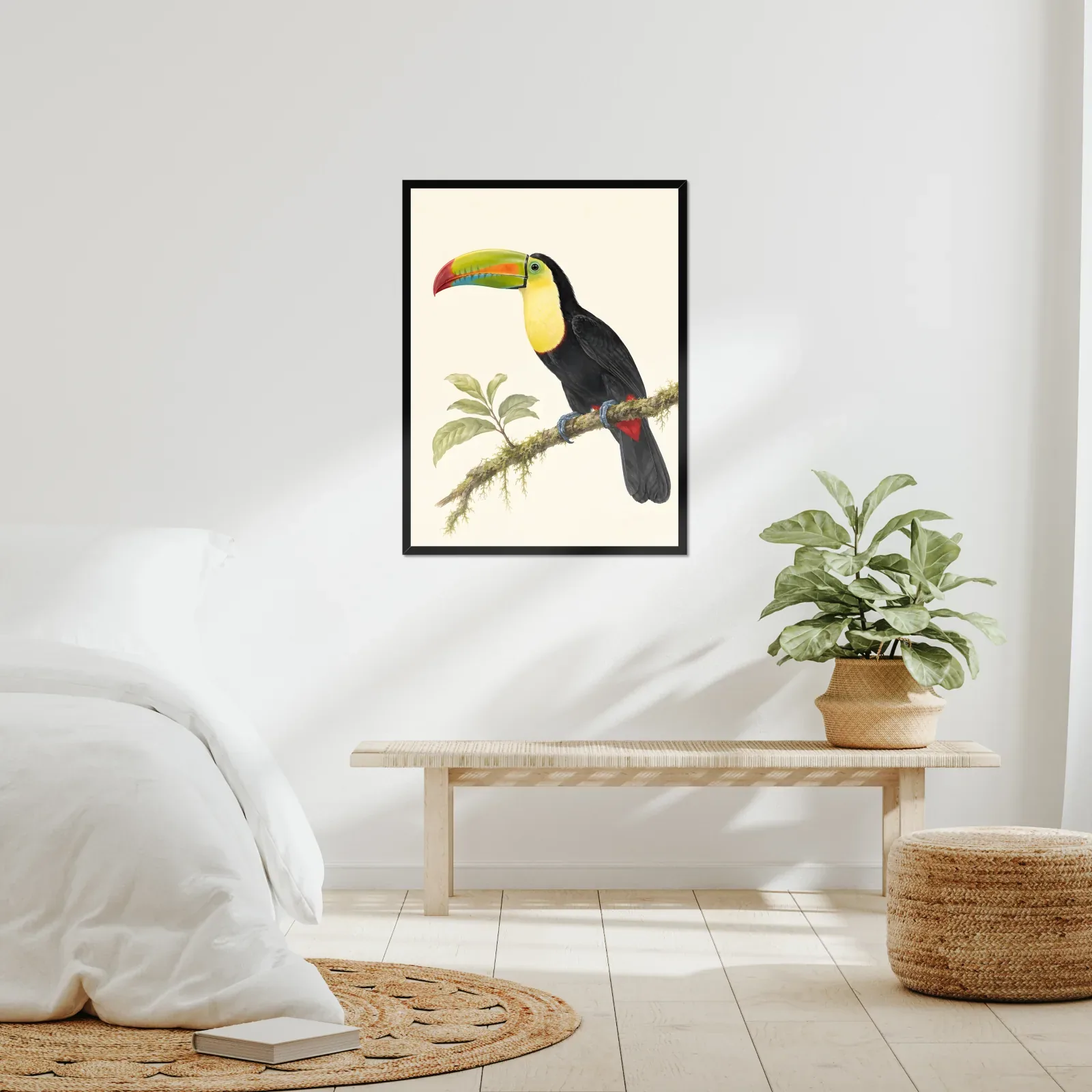 Keel-billed Toucan Print framed at 24x30 inches, shown on a wall to scale