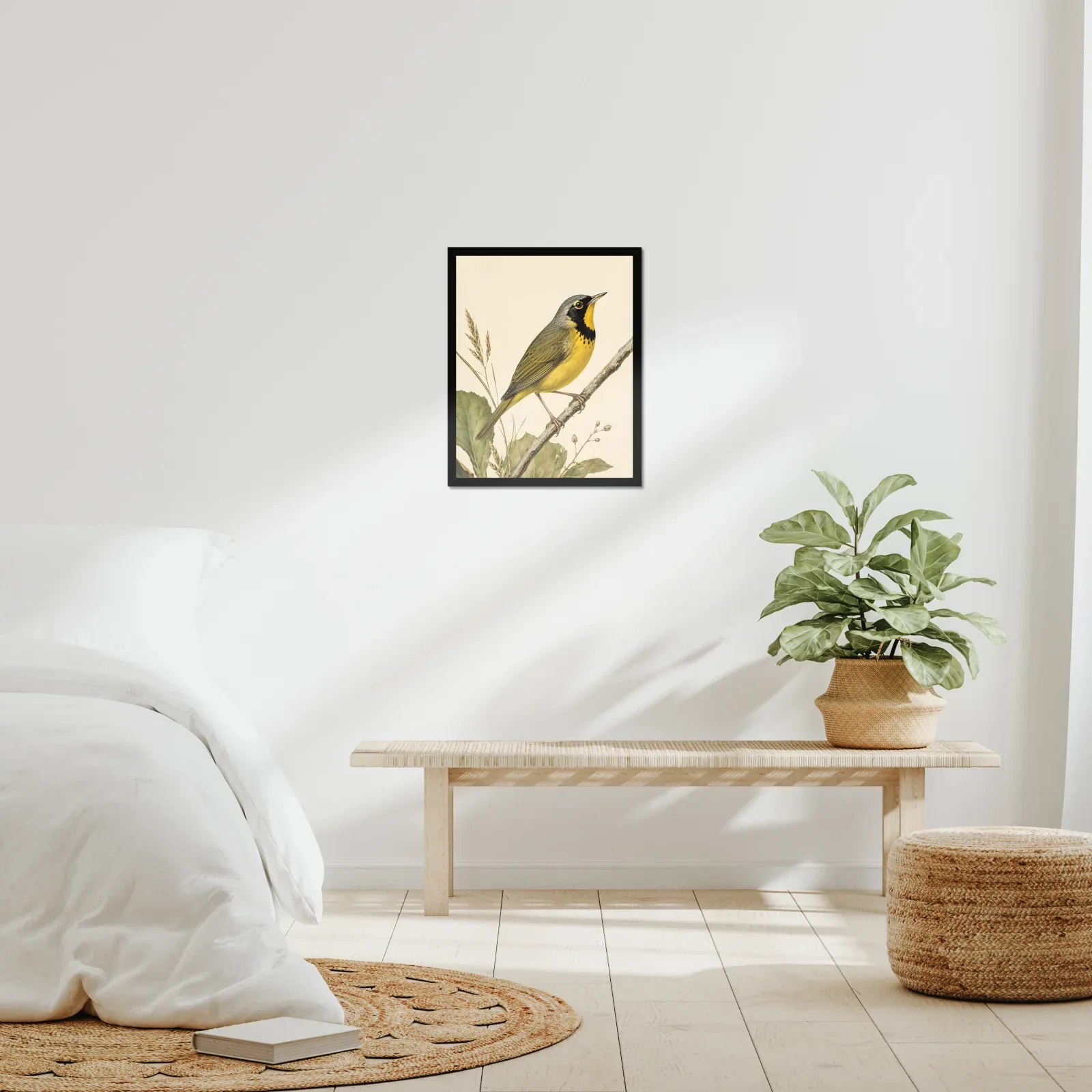 Kentucky Warbler Print framed at 16x20 inches, shown on a wall to scale