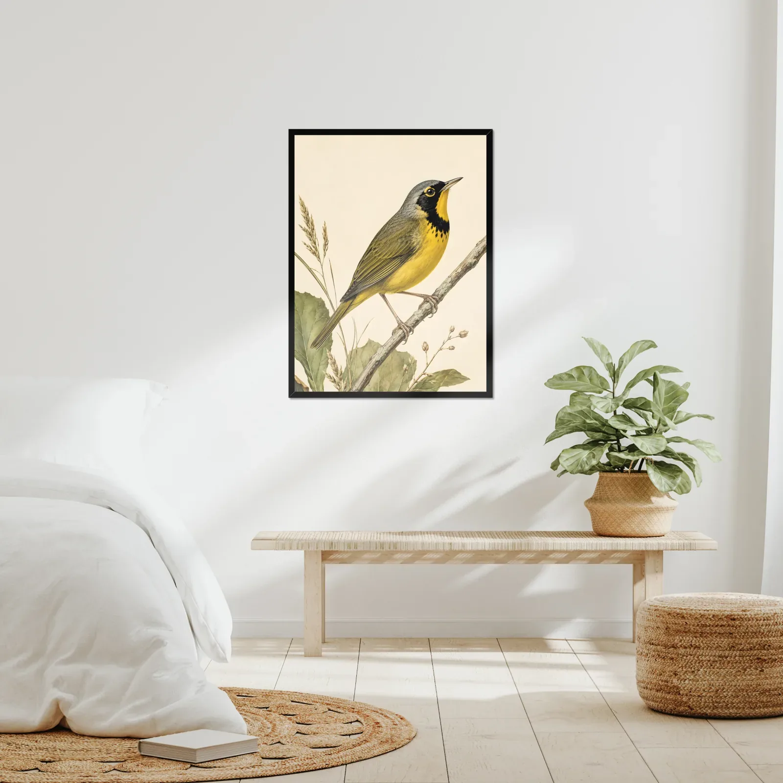 Kentucky Warbler Print framed at 24x30 inches, shown on a wall to scale