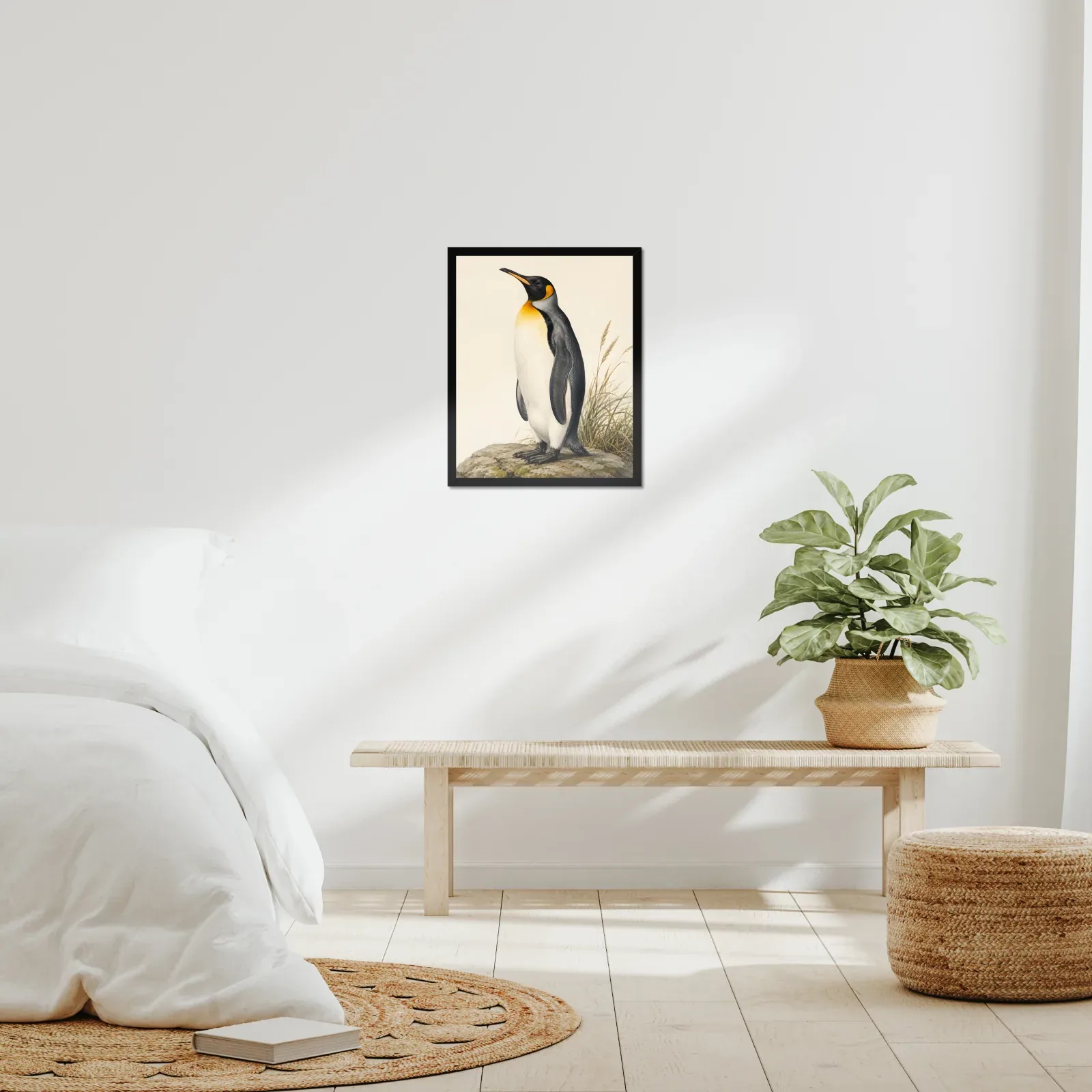 King Penguin Print framed at 16x20 inches, shown on a wall to scale