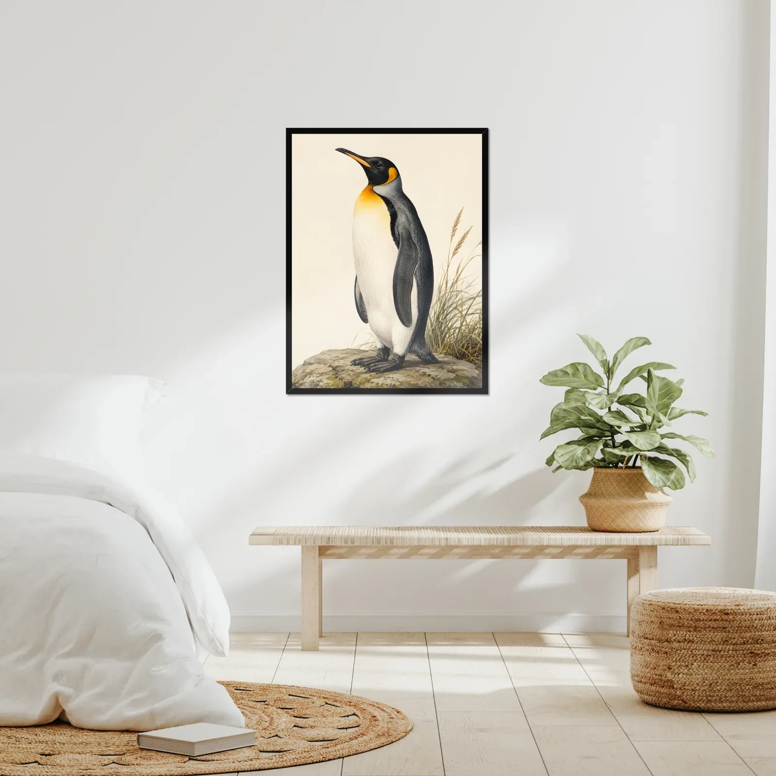 King Penguin Print framed at 24x30 inches, shown on a wall to scale
